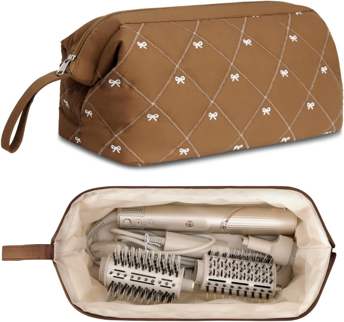 Linpr Shark Flex Style Case, Travel Hair Dryer Bag Compatible with Dyson Airwrap, Quilted Hair Tool Organizer Bag with Bow Pattern, Portable Carrying Case for Flat Curling Iron Accessories (Beige)