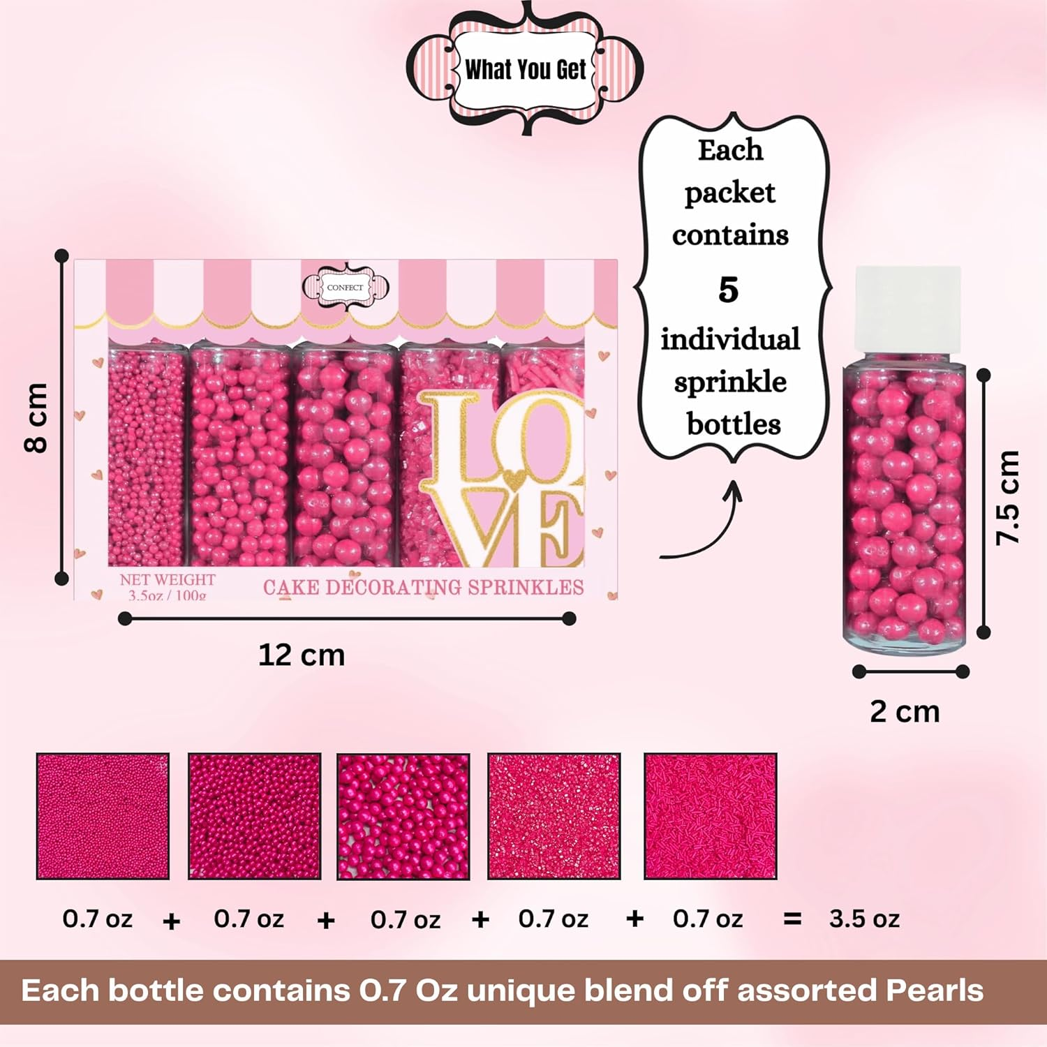 Confect Sprinkles for Cakes & Cupcakes Decoration | Assorted Pack of 5 Crimson Pearl Sprinkles | Pink Sprinkles | Bithday Sprinkles | Edible Mix Dragees, Jimmies & Sparkling Sugar - 3.5 Oz image number 5