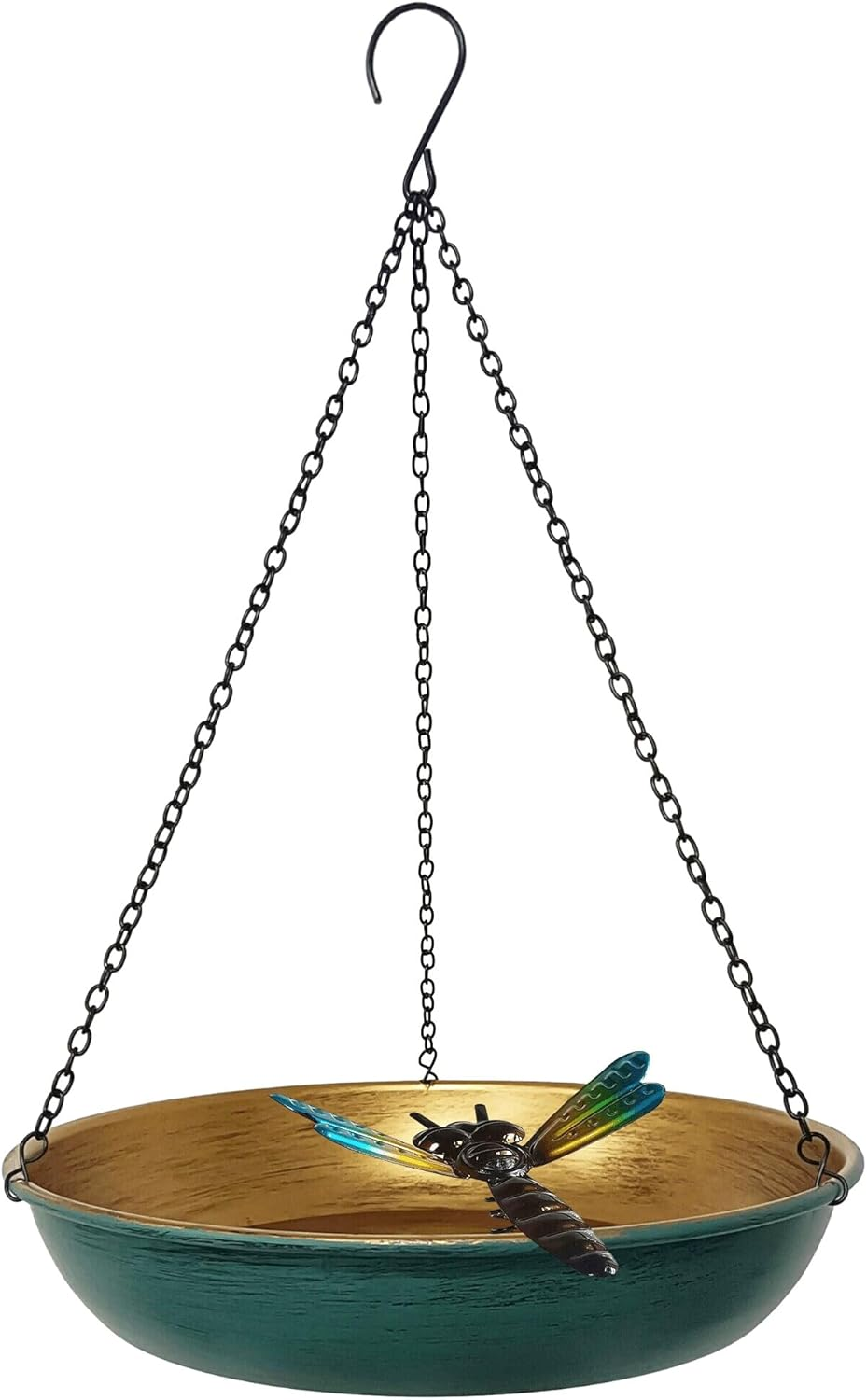 Hanging Birdbath Bird Feeder for Outdoor 11&rdquo; Antique Copper Cute Small Metal Bird Bath Bowl with Detachable Black Chain Metal Dragonfly for Garden Backyard Decor