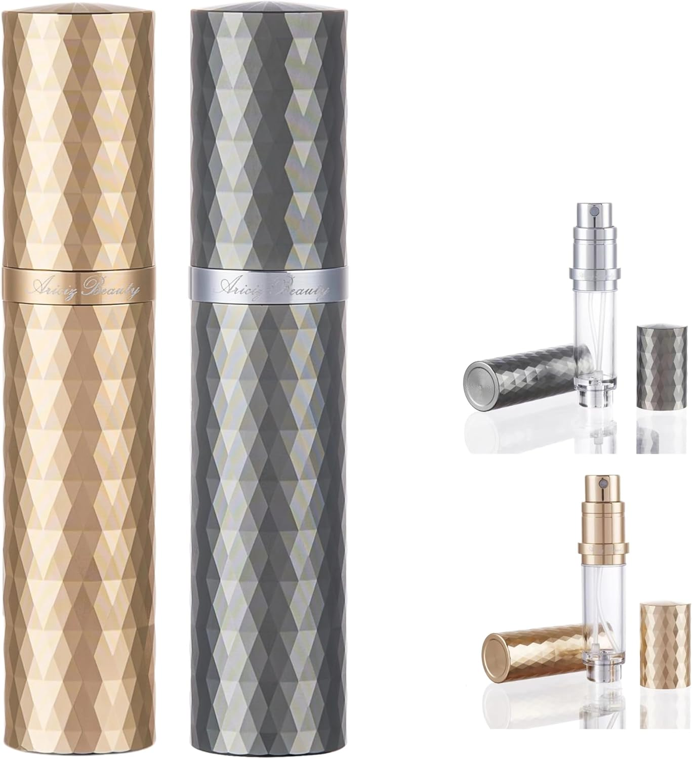 Aricizbeauty Travel Refillable Perfume Atomizer 0.17Fl.Oz/5Ml. Cologne Pocket Recyclable Portable Sprayer Bottle. Mini Scent Pump Case Dispenser Perfume Container (GREY+GLOD) image number 4