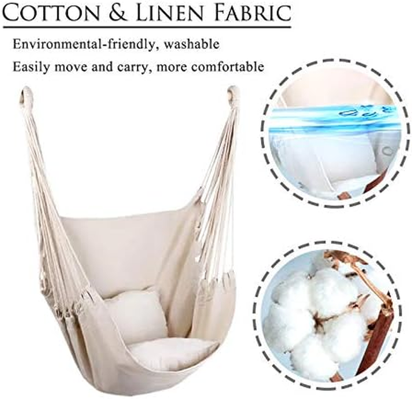 Hommtina Hammock Chair Hanging Rope Swing, Max 300 Lbs Hanging Chair with Pocket & Durability Perfect for Outdoor, Home, Bedroom, Patio, Yard (Pillows NOT Included,Beige) - Beige image number 2