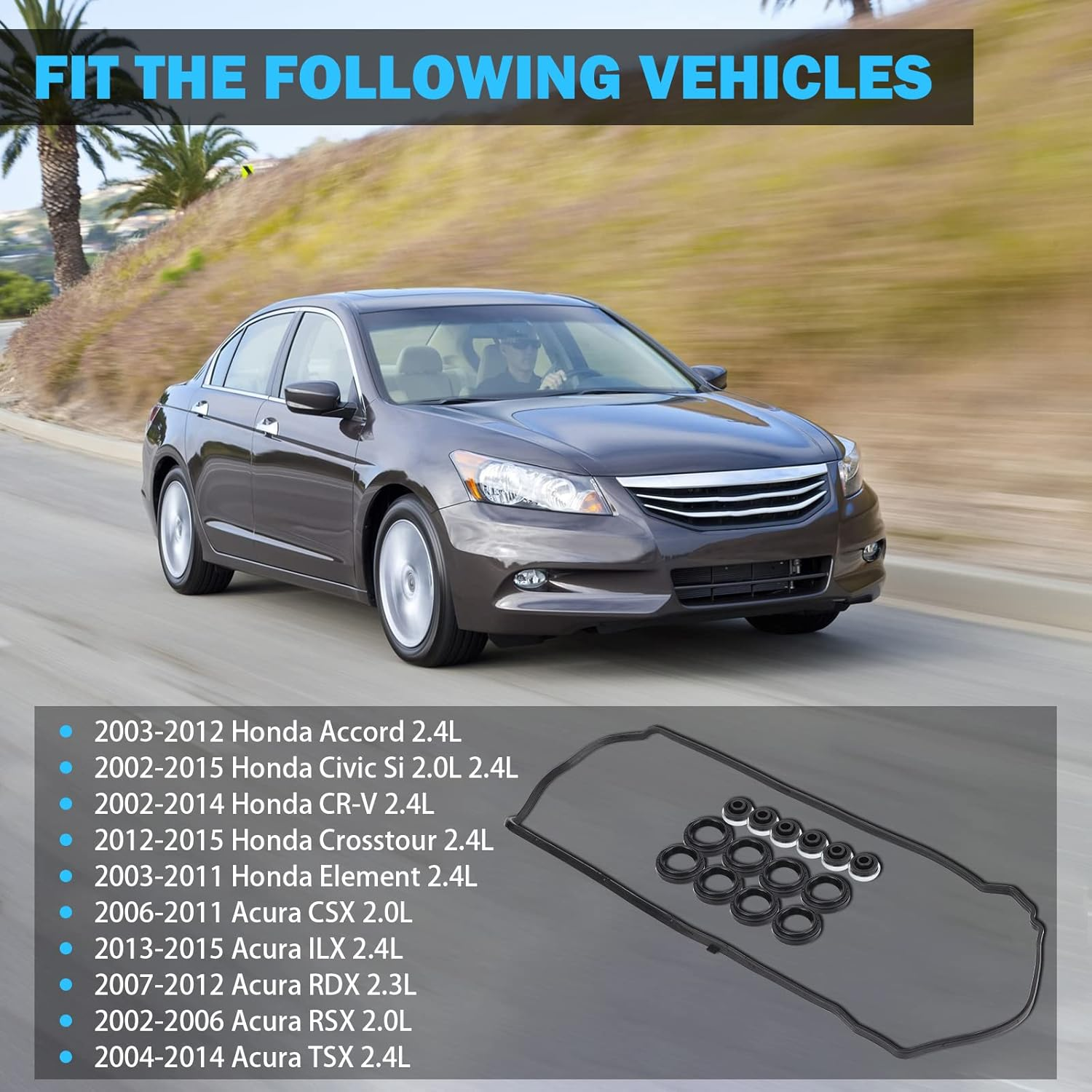 Valve Cover Gasket Set - Compatible with 2.0L 2.3L 2.4L 2002-2015 Honda Accord, Civic, CR-V, Element, Crosstour, Acura CSX, ILX, RDX, RSX, TSX - Replace VS50614R, 12341-R40-A00 image number 6