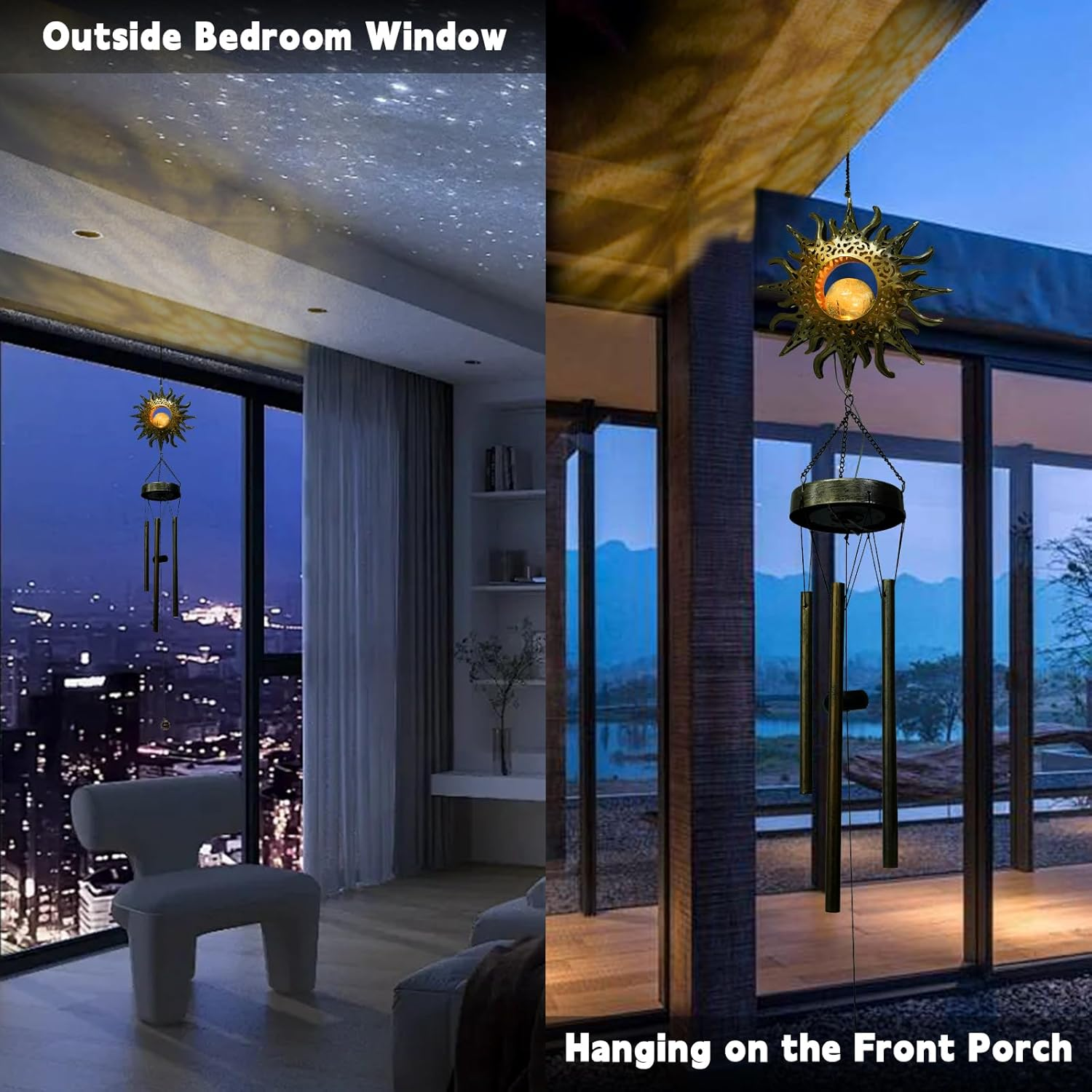 Ferrisland Solar Wind Chimes for outside Clearance, Sun Windchimes Outdoors for Porch Patio with Crackle Glass Ball LED Light, Waterproof Metal Outdoor Hanging Decor for Women Wife Mom