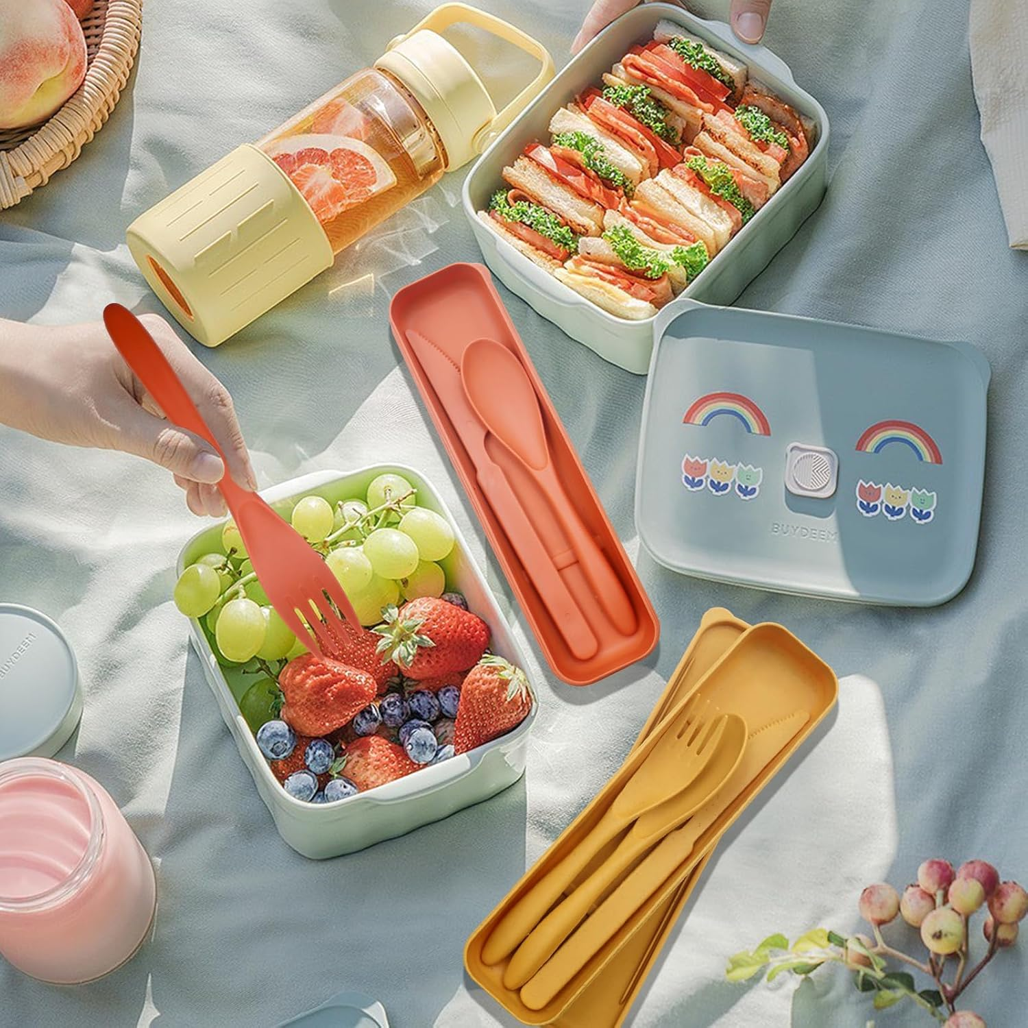 4 Piece Cutlery Set Travel Cutlery Portable Plastic Cutlery Camping Cutlery Knife Spoon Fork Cutlery Set with Case Reusable for Daily Use Outdoor Tableware Camping Picnic - Blue, Green, Orange, Yellow image number 3