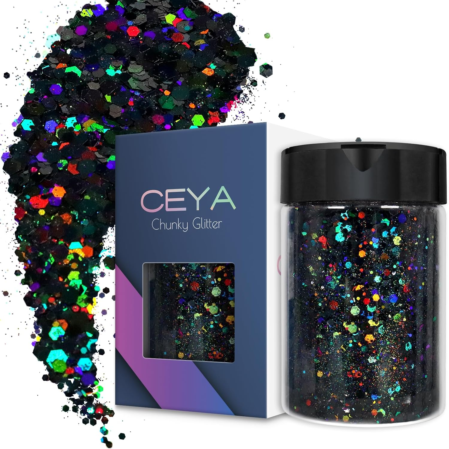 Ceya Holographic Chunky Glitter, 4.9Oz/ 140G Black Craft Glitter Powder Mixed Chunky Fine Flakes Iridescent Nail Sequins for Nail Art, Hair, Epoxy Resin, Tumblers, Slime, Painting, Festival Decor