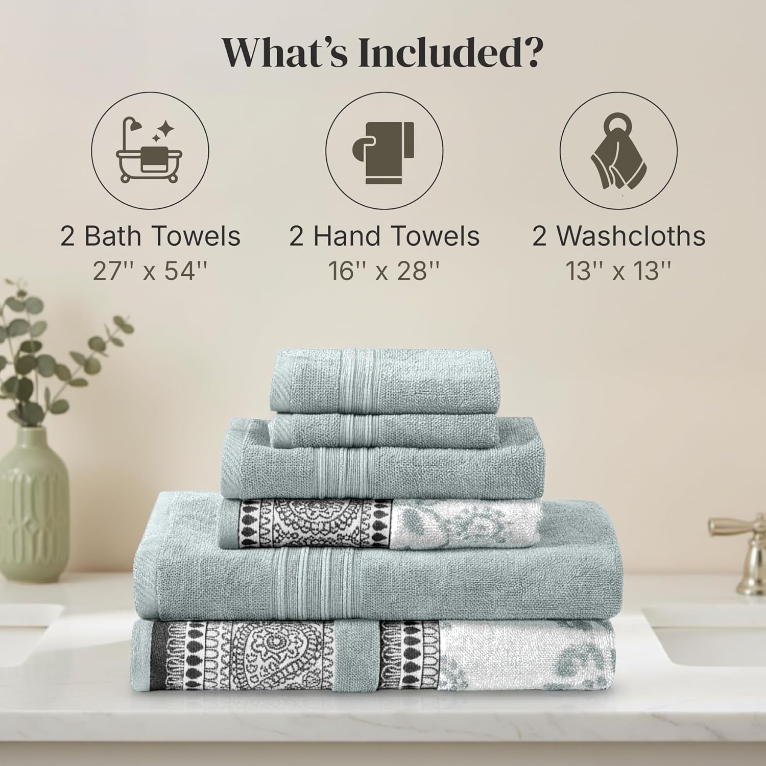 Modern Threads 6 Piece Set, 2 Bath Towels, 2 Hand Towels, 2 Washcloths Yarn Dyed Jacquard/Solid Towel Set Ophelia Dark Sage image number 3