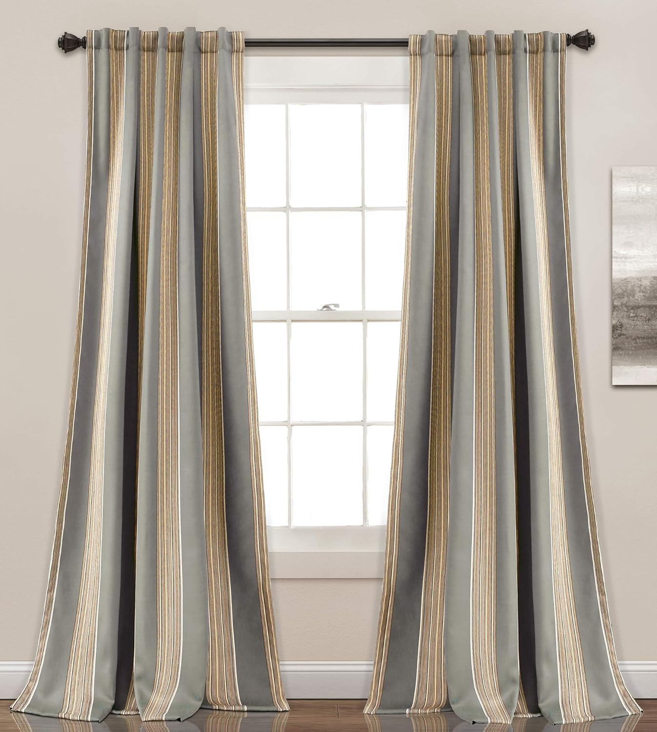 Lush Decor Julia Stripe Curtains | Light Filtering Striped Window Panel Set for Living, Dining, Bedroom (Pair), 84&rdquo; X 52&rdquo;, Gray - Grey image number 2