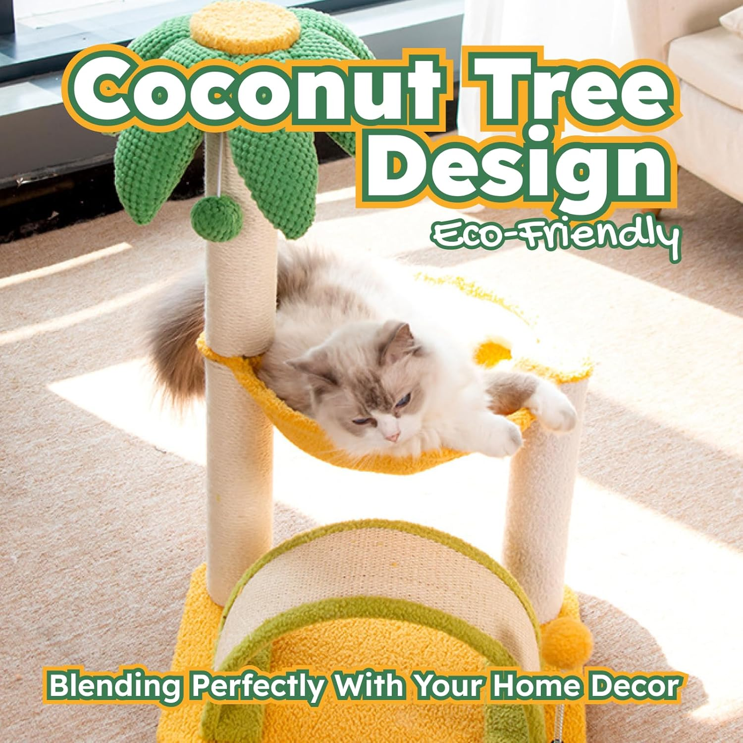 Beach-Themed Cat Tree - Palm Tree Cat Tower with Hammock Bed, Sisal Scratching Post, Arch Bridge, Fun Activity Tower for Kittens and Small Cats, 65Cm Tall image number 2