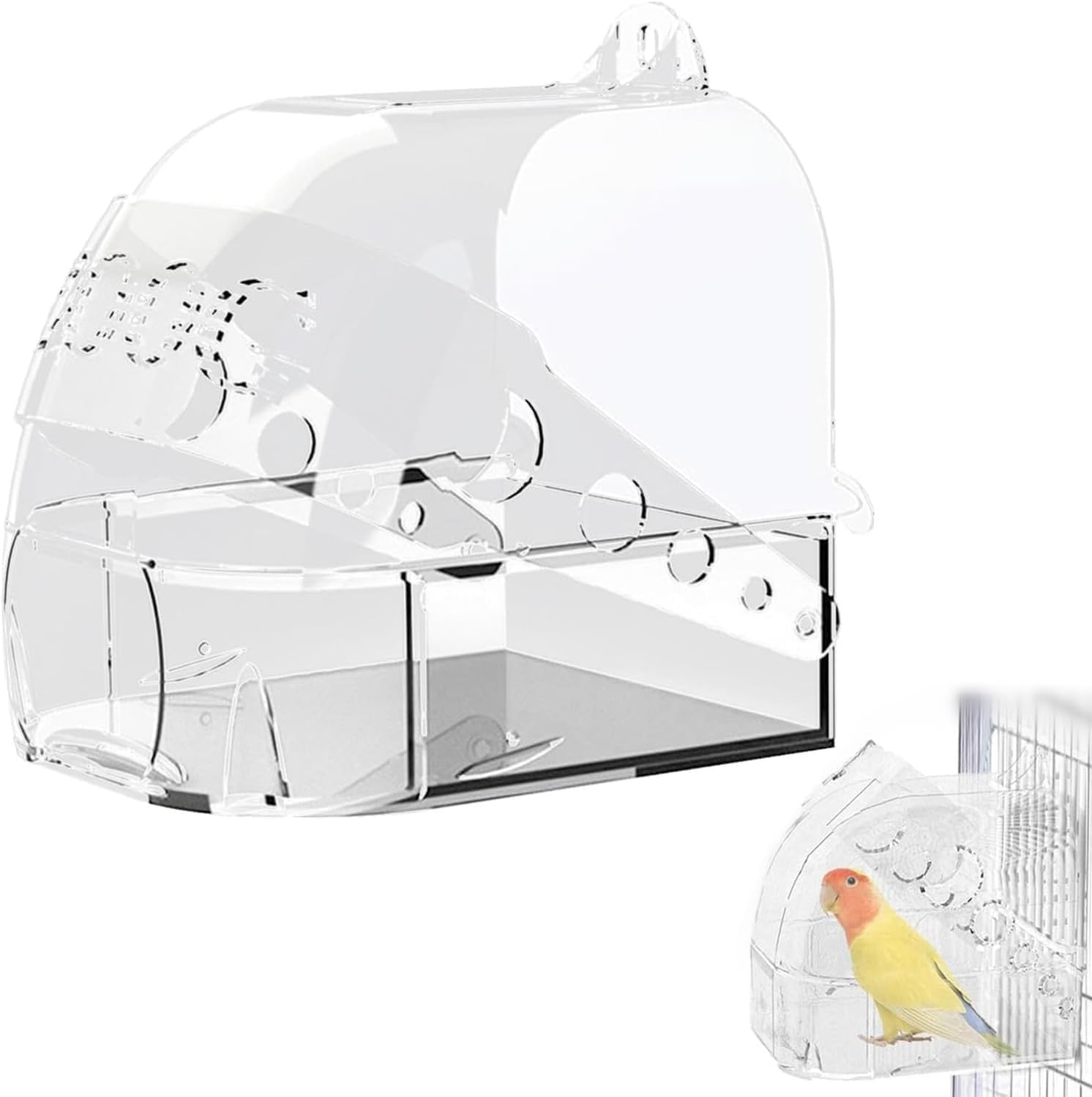 1Pcs Bird Bath Cage, Cockatiel Bird Bath Bird Bath Cage, Cleaning Pet Supplies Bird Clean Bathtub with Hanging Hooks and Bottom Drawer, Bird Shower with Convenient Removable Tray (Transparent)