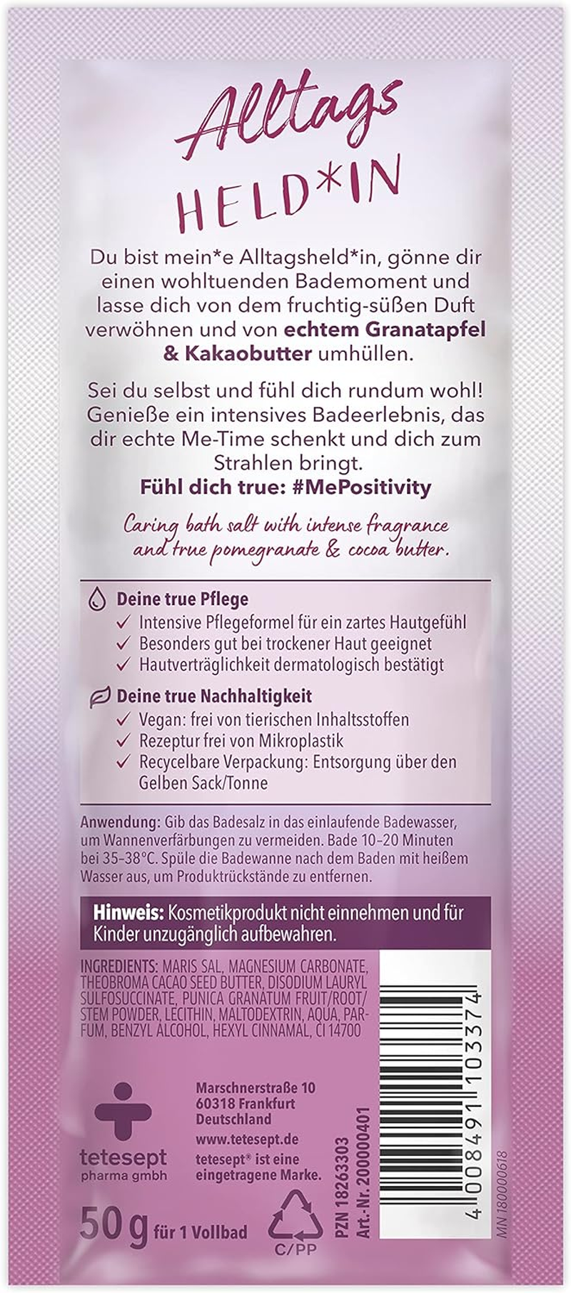 True by Tetesept Everyday Hero Pampering Bath Salt, Vegan Bath Additive Smells of Pomegranate and Cocoa Butter, Soothing Bath Enjoyment with Care Formula, 1 X 50 G image number 5