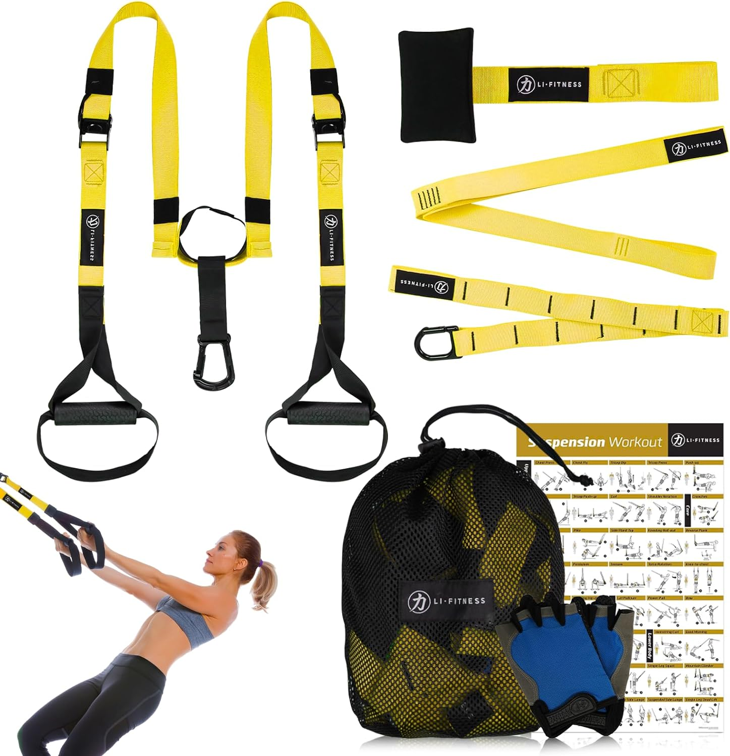 LI FITNESS Suspension Trainer Kit Resistance System Full Body Workout Training Equipment Fitness Band Set with Door Anchor Adjustable Workout Straps for Home Gym Travel Outdoors (Yellow) image number 5