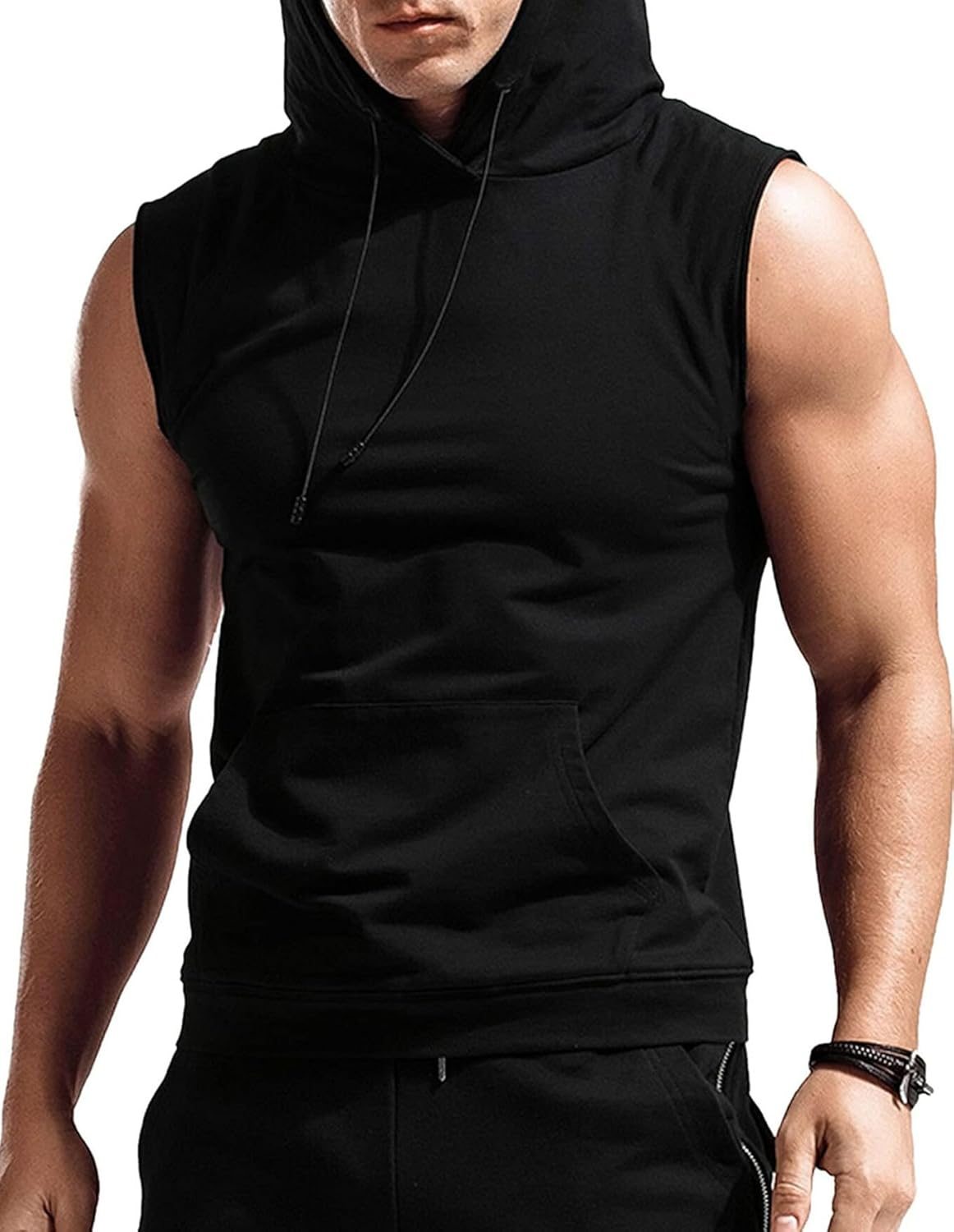 FEOYA Men'S Hooded Tank Tops Sleeveless T-Shirts Gym Vests Top Breathable Quick Dry for Workout Running Bodybuilding Athletic Sport Shirts Drawstring Sweatshirt with Pockets image number 2