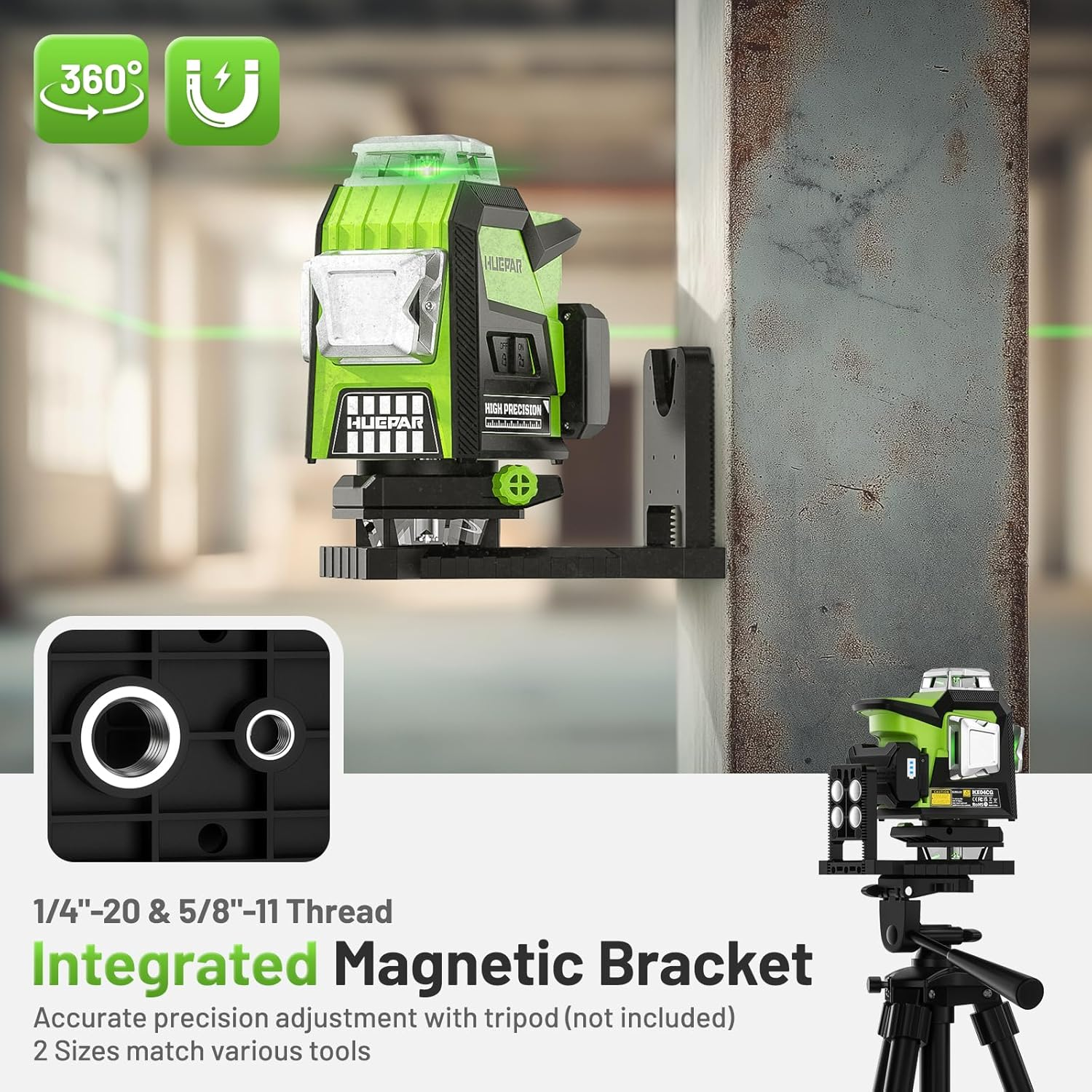 Huepar 4 X 360 Laser Level with LCD Display, Self-Leveling 16 Green Cross Line Professional Levels Laser with Pulse Mode, Rechargeable Lithium and Alkaline Batteries, IP54, 4 Laser Modes