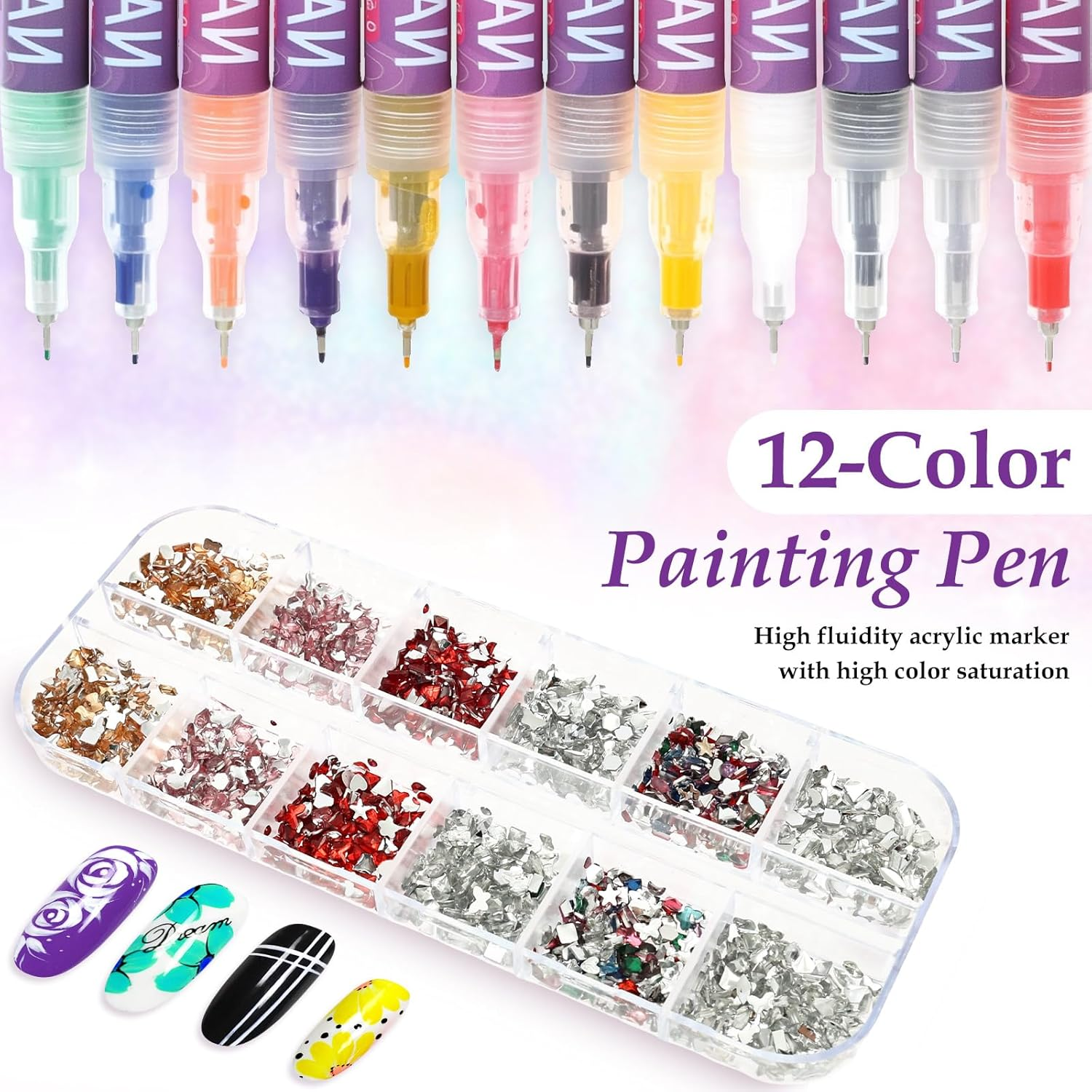 XXLAUBBD 12-Color 0.5Mm Fine Tip Nail Art Pen Set - Quick Dry Acrylic Paint Marker for Home & Salon Nail Decoration image number 1