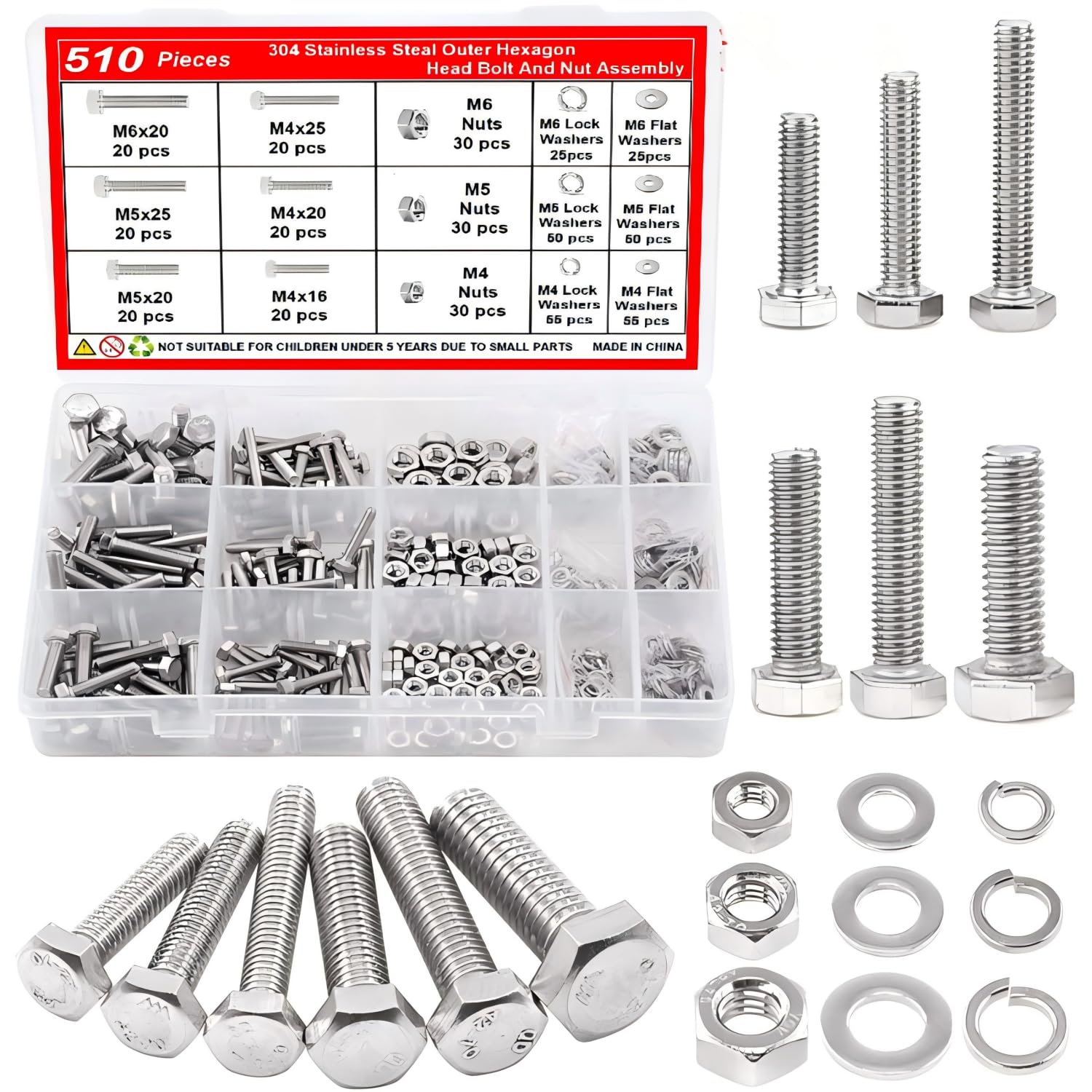 510PCS Hexagon Nuts, M4 M5 M6 Machine Screws with Lock & Flat Washers, Screws Bolts and Nuts Assortment Kit, Grade 10.9 Alloy Steel Hex Socket Button Head Black image number 5