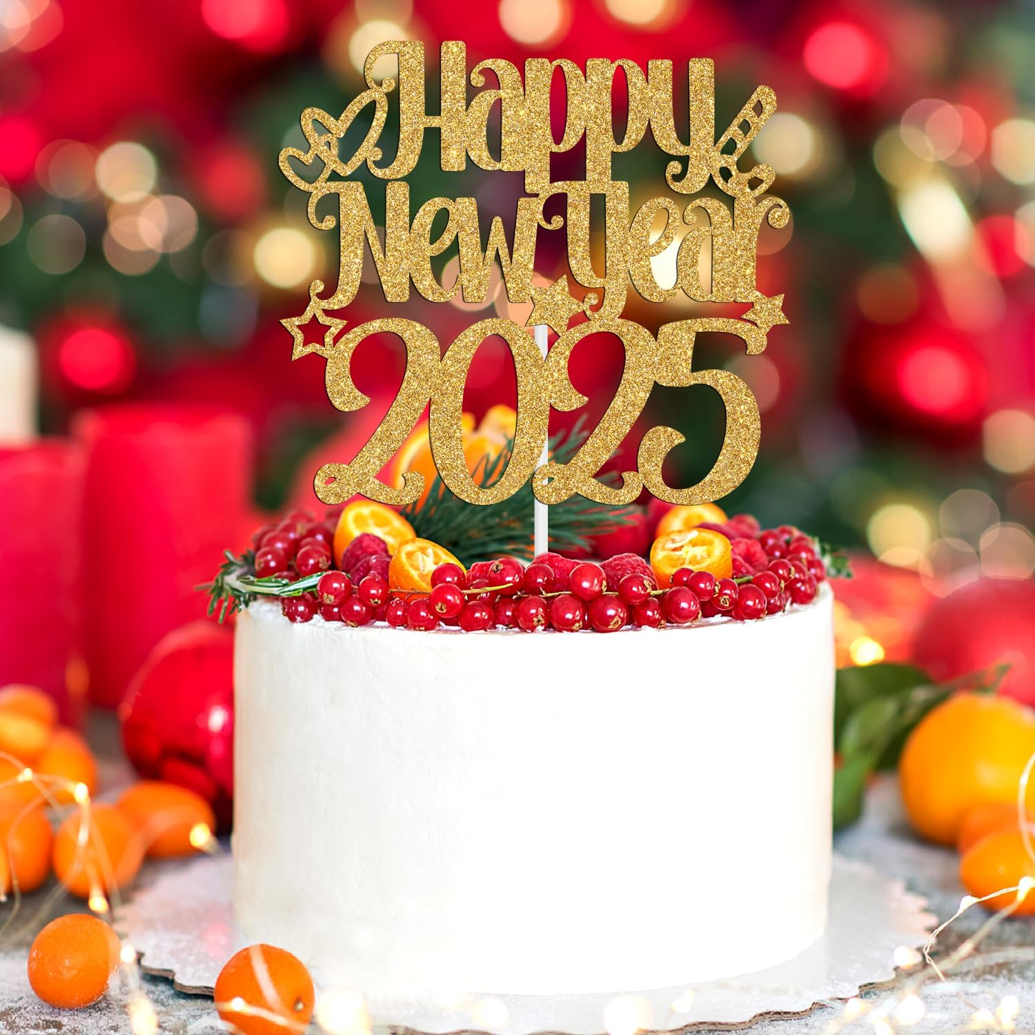 Happy New Year 2025 Cake Topper, Happy Holiday/Merry Christmas Cake Decor, New Year'S Eve Festival Party Decoration Suppllies, Gold Glitter image number 2