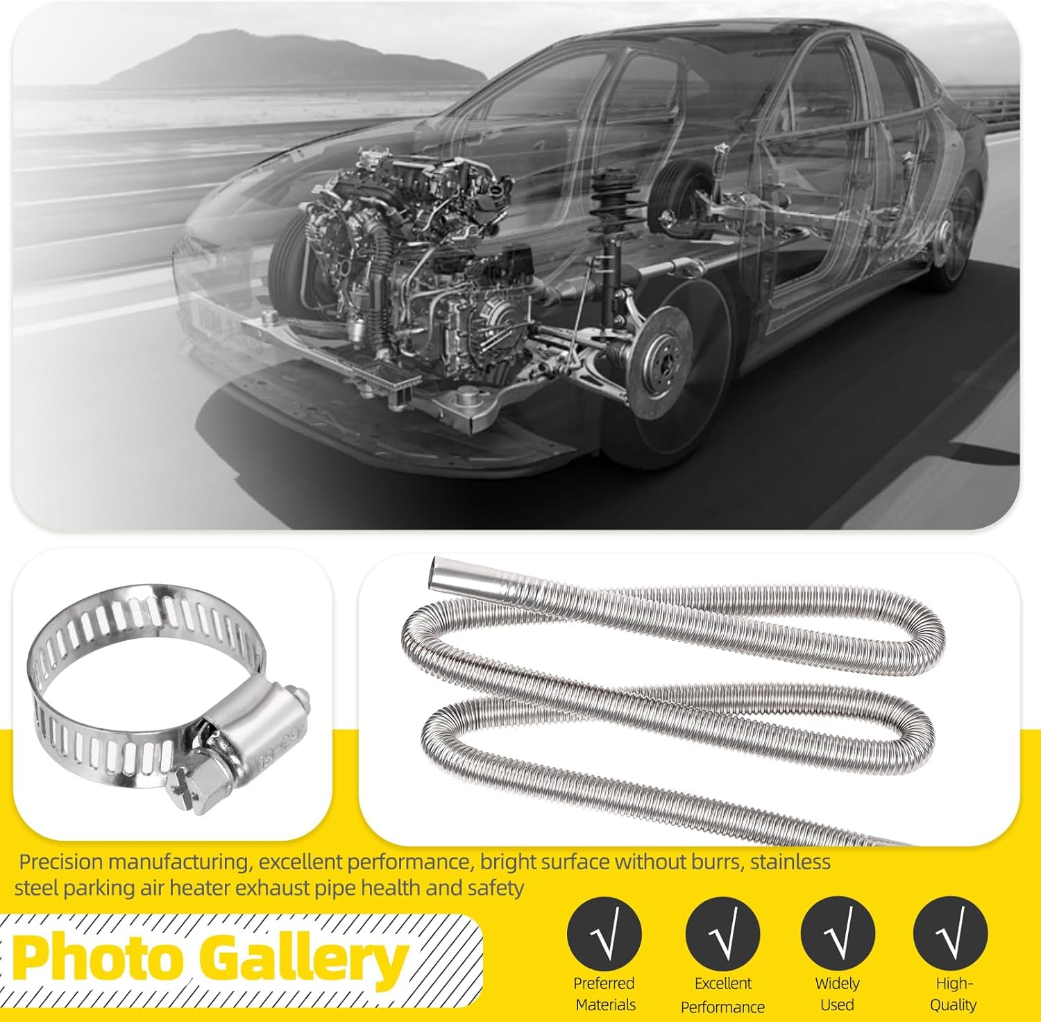 2.5CM/1&rdquo; Parking Air Heater Exhaust Pipe, Stainless Steel, Flexible Exhaust Tubing with Muffler, Diesel Heater Exhaust Pipe Tube, Silver, 8Pcs image number 1