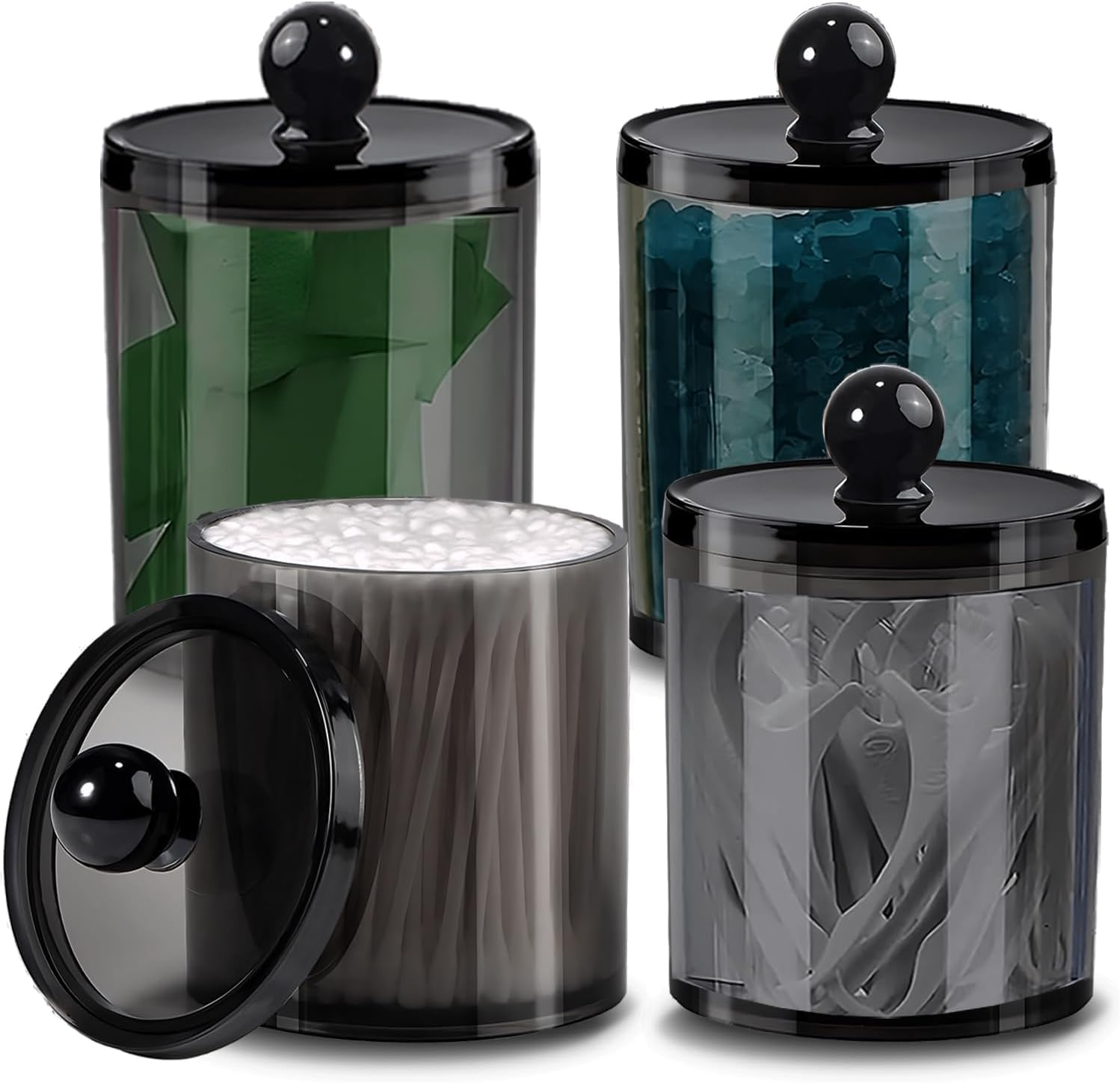 QIXIAOTOUQI 4 Pack Cotton Buds Dispenser, Cotton Pad Holder, Clear Black Cotton Swab Holder ,12 Oz Black Apothecary Jars Bathroom for Cotton Ball, Pads,Floss,Makeup Sponges,Hair Clips image number 2