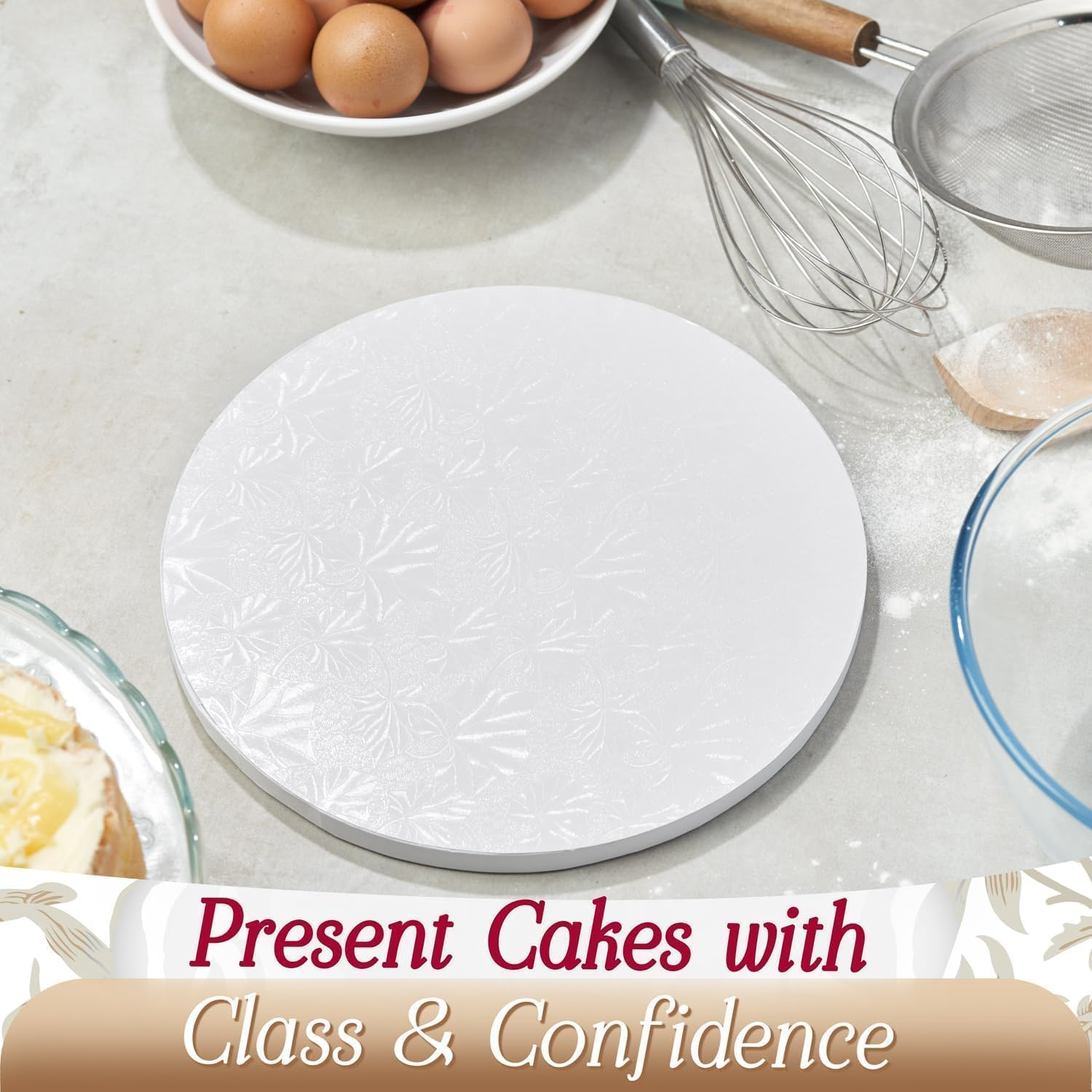 Cakebon Cake Boards - Sturdy 1/8 Thick Drums - 8 Inch (20 Cm) Professional Fully Wrapped Edges White 6-Pack image number 5