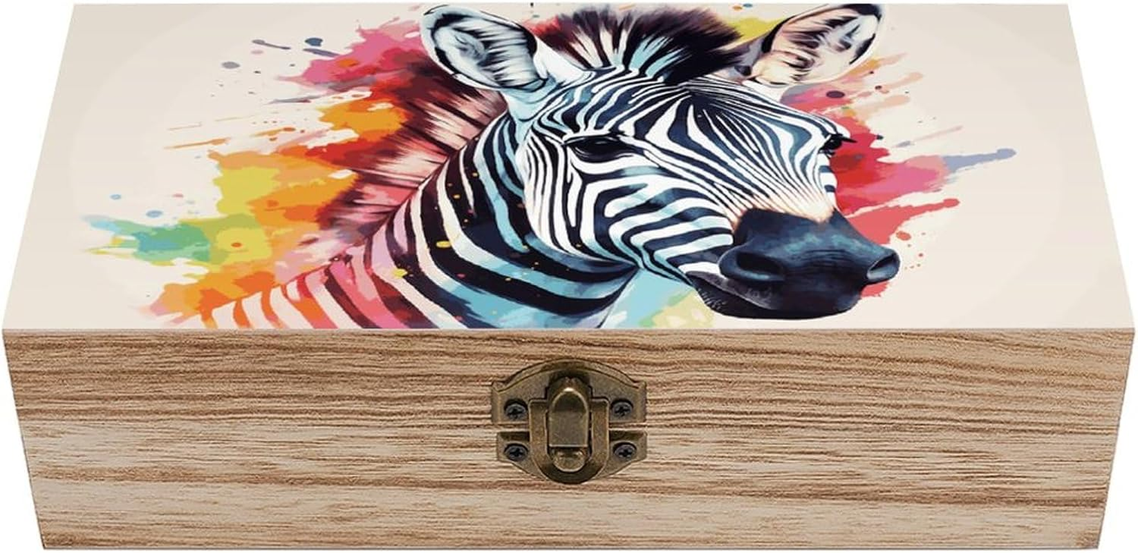 Colorful Zebra Wooden Box Wood Wedding Keepsake Boxes with Lids Small Decorative Boxes Lightweight Wooden Memory Storage Box for Crafts Keepsakes Jewelry Photo Letter Storage image number 6