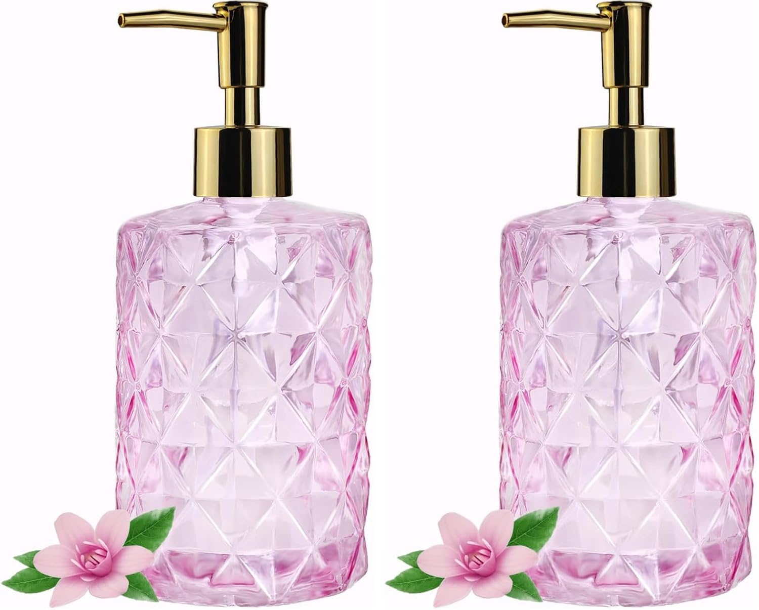 Pink Glass Hand Soap Dispenser with Gold Plastic Pump, Liquid Lotion Dispenser for Bathroom, Dish Dispenser Bottle for Kitchen Sink