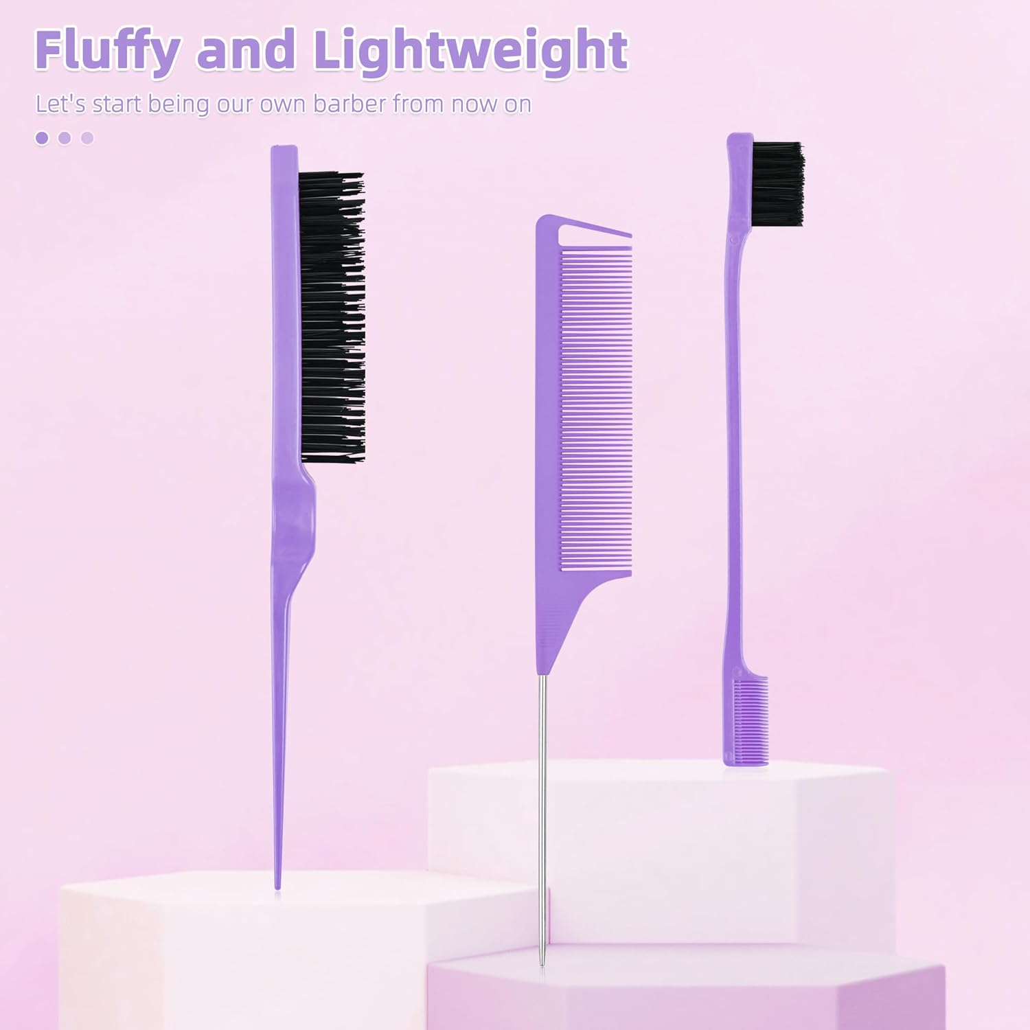 3Pcs Hair Dressing Stylings Tools, Teasing Brush Stainless Steel Rat Tail Comb Edge Control Hair Brush for Back Brushing, Combing, Braiding, Slicking Hair for Women - Purple-3 image number 3