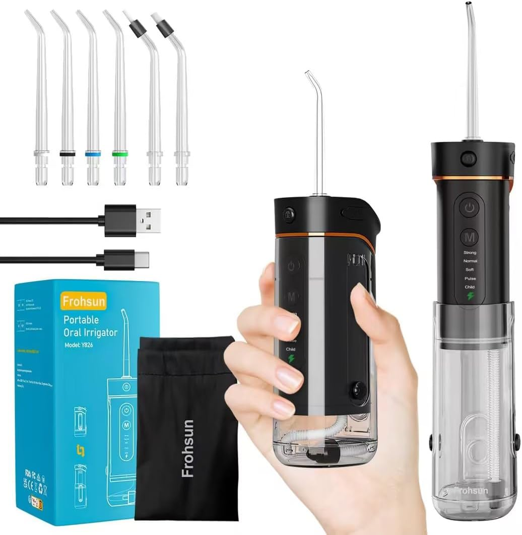 Retractable Water Dental Flosser Cordless Oral Irrigator for Dental&Oral Health 5 Pressure Modes for Kids&Adults 6 Tips IPX7 Waterproof Low Noise Rechargeable Dental Flosser for Home&Travel (Black)