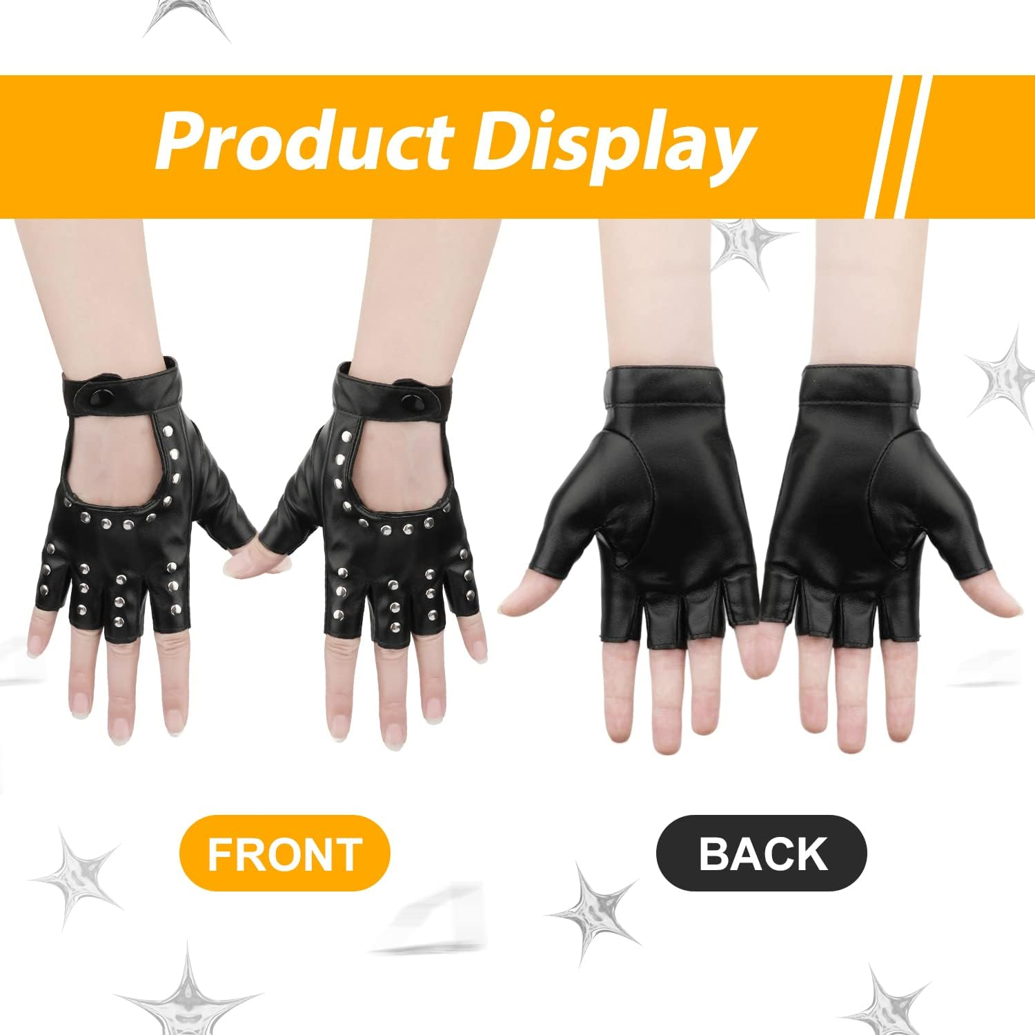 1 Pair Half Finger Leather Gloves, Stylish Fingerless Leather Gloves with Rivets Biker Punk Gloves for Halloween Women Girls Cosplay Performance (Black), Black, Medium image number 3