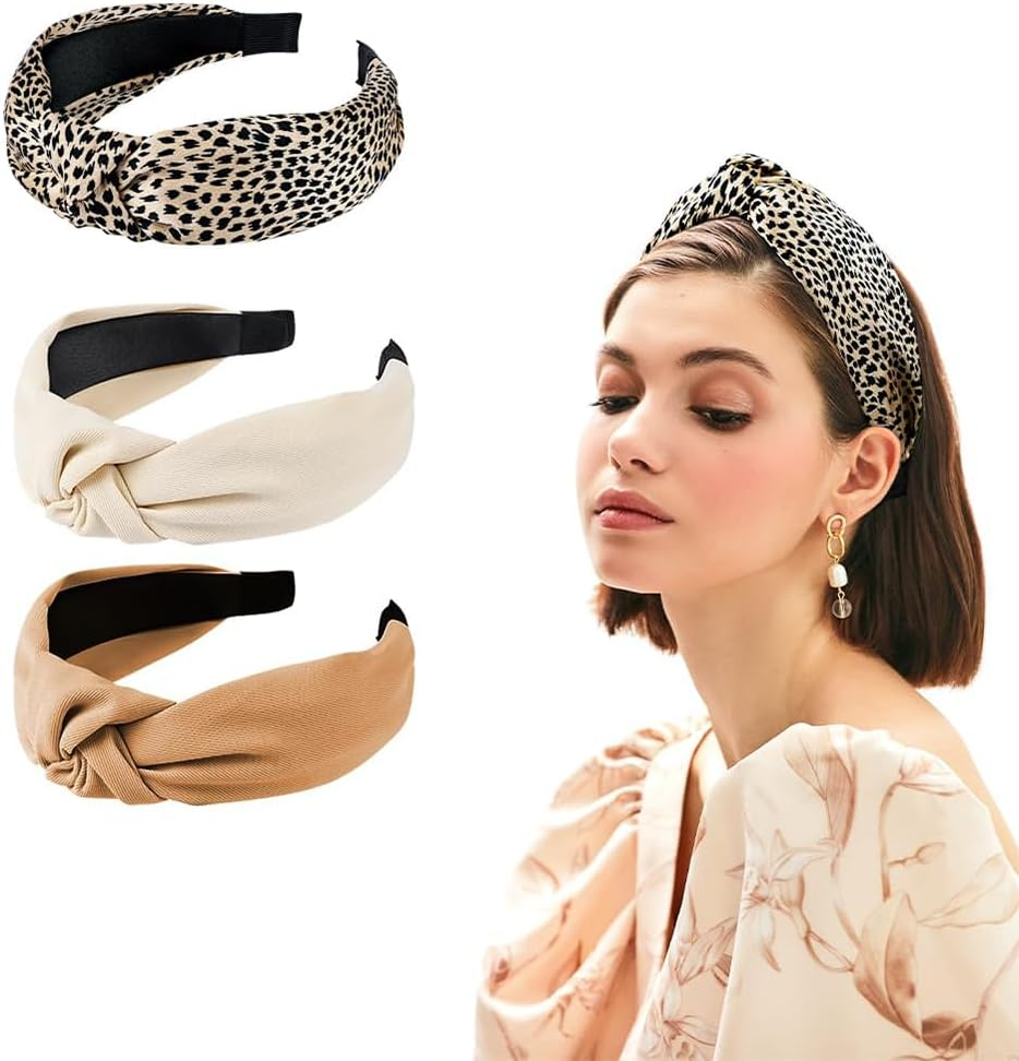 Hairbands,3 PCS Headbands for Women,Hair Bands for Women Wide Fashion Knotted Headband,Leopard Headband Non Slip Exquisite,Solid Color Elastic Hair Band Accessories,Suit for Girls and Women image number 4