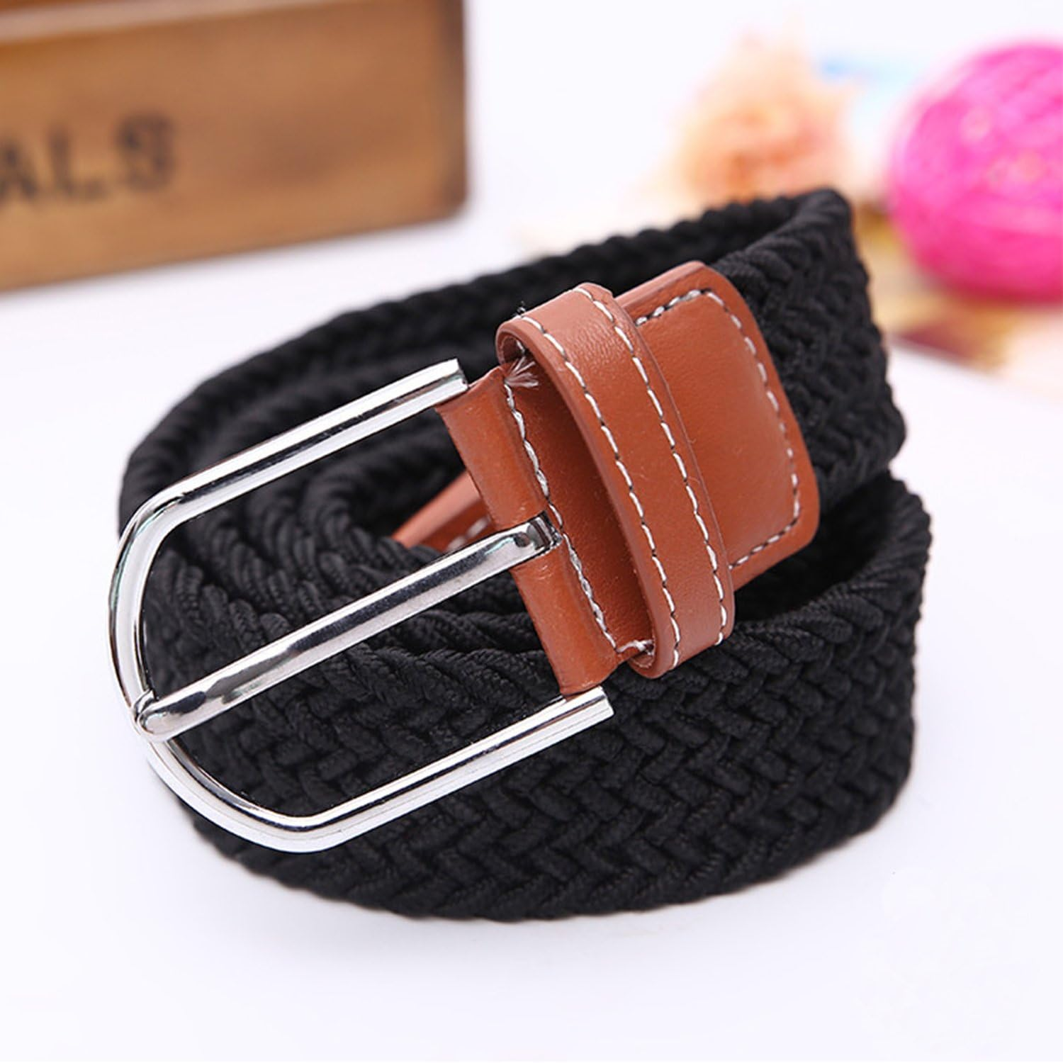 2 Pack Womens Stretch Canvas Braided Belt - Ladies Belts for Jeans, One Size - Black+Brown image number 4