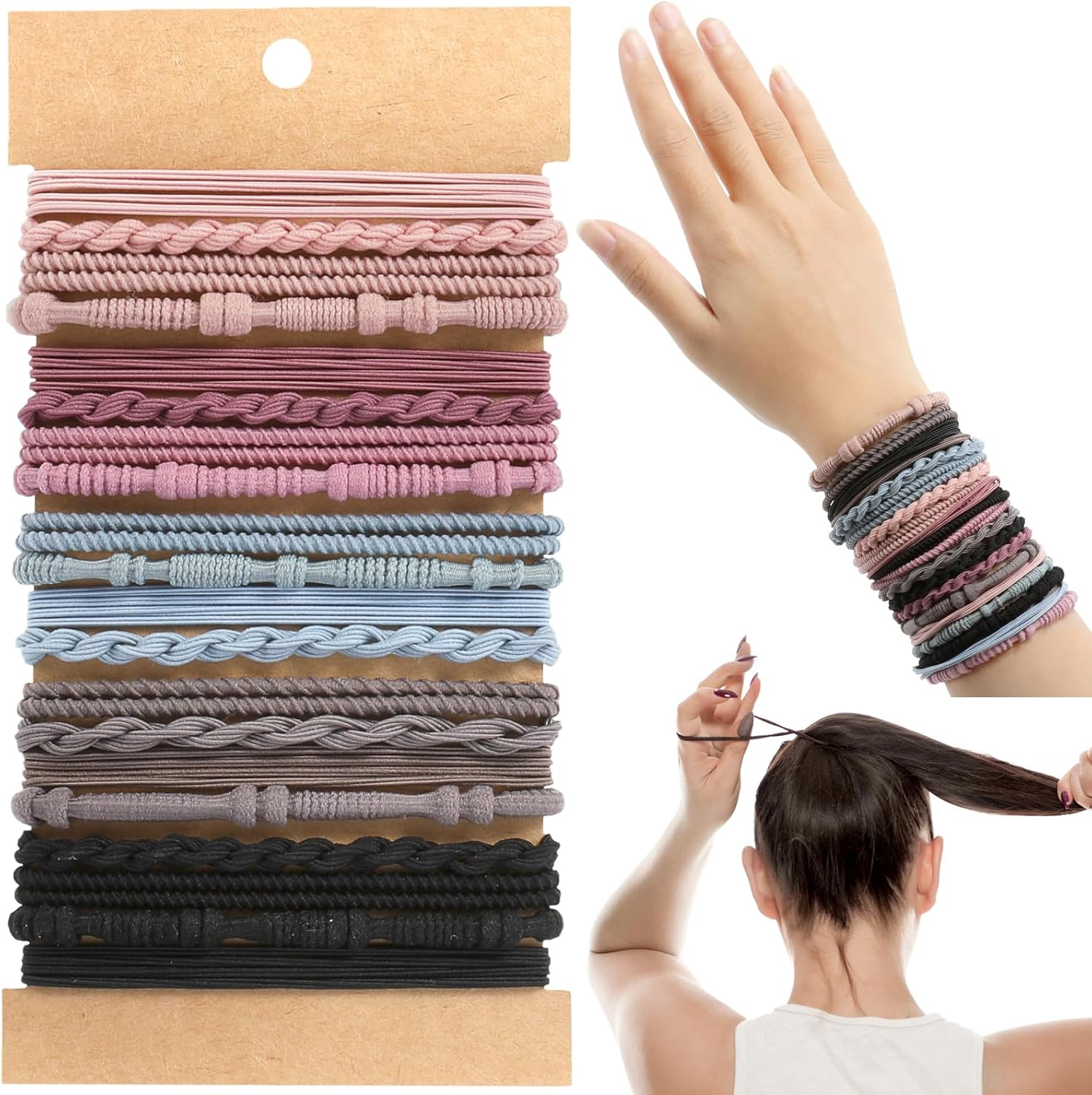 Boho Hair Ties, 20 PCS of 4 Styles Cute Hair Bands for Thick or Thin Hair, No Damage, Pink Elastic Hair Accessories for Girls and Women
