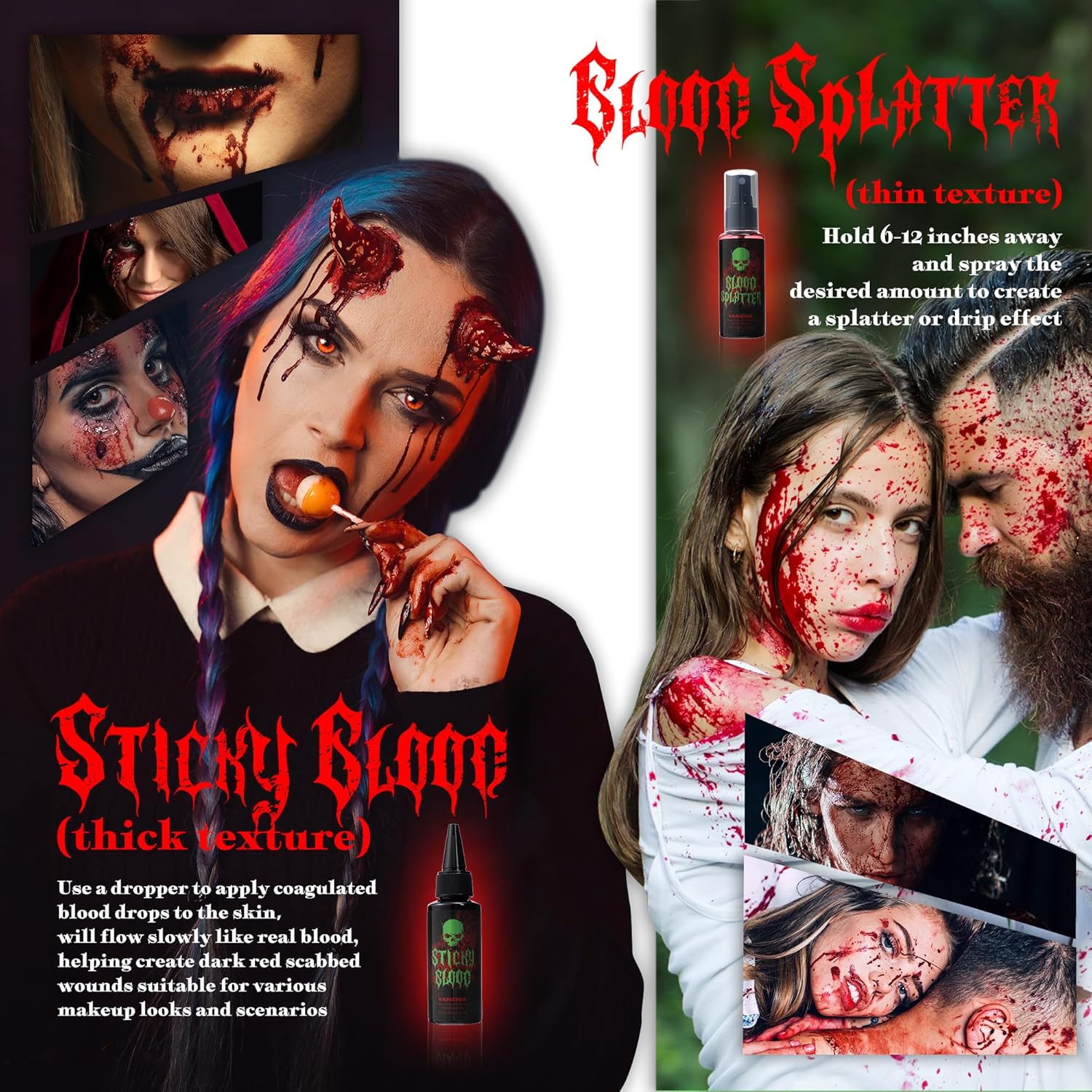 Vaneria Halloween Fake Blood Makeup Kit,Realistic Washable SFX Makeup with 50Ml Blood Splatter, 50Ml Sticky Blood, Sponge,4 Fake Scars & 4 Fluorescent Tattoo Stickers for Zombie, Vampire Cosplay image number 1