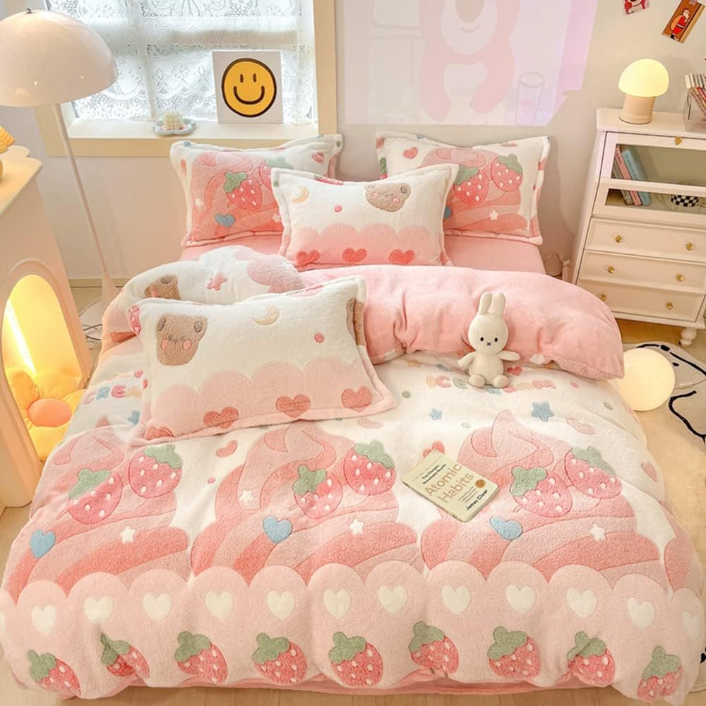 Pink Strawberry Duvet Cover Set Fluffy Duvet Cover Kawaii Cartoon Comforter Cover Soft Kids Duvet Cover Queen Bedding Set (Strawberry, Queen) image number 5