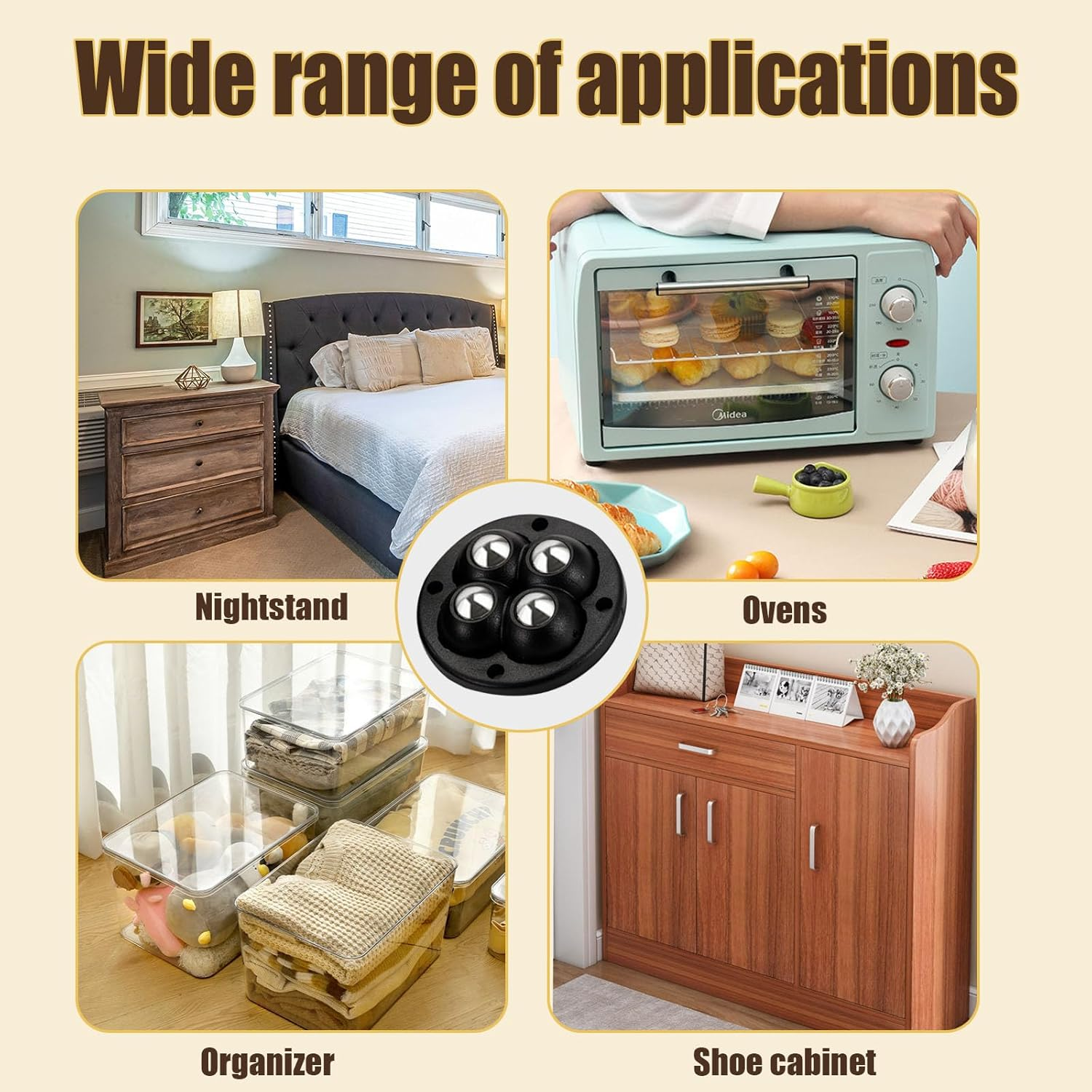 3 Set Self Adhesive Mini Caster Wheels 360 Degree Rotation Sticky Pulley Stainless Steel Universal Wheel with Bearing Roller Casters for Furniture Storage Box Trash Can Bins Bottom Moving (Black) image number 2