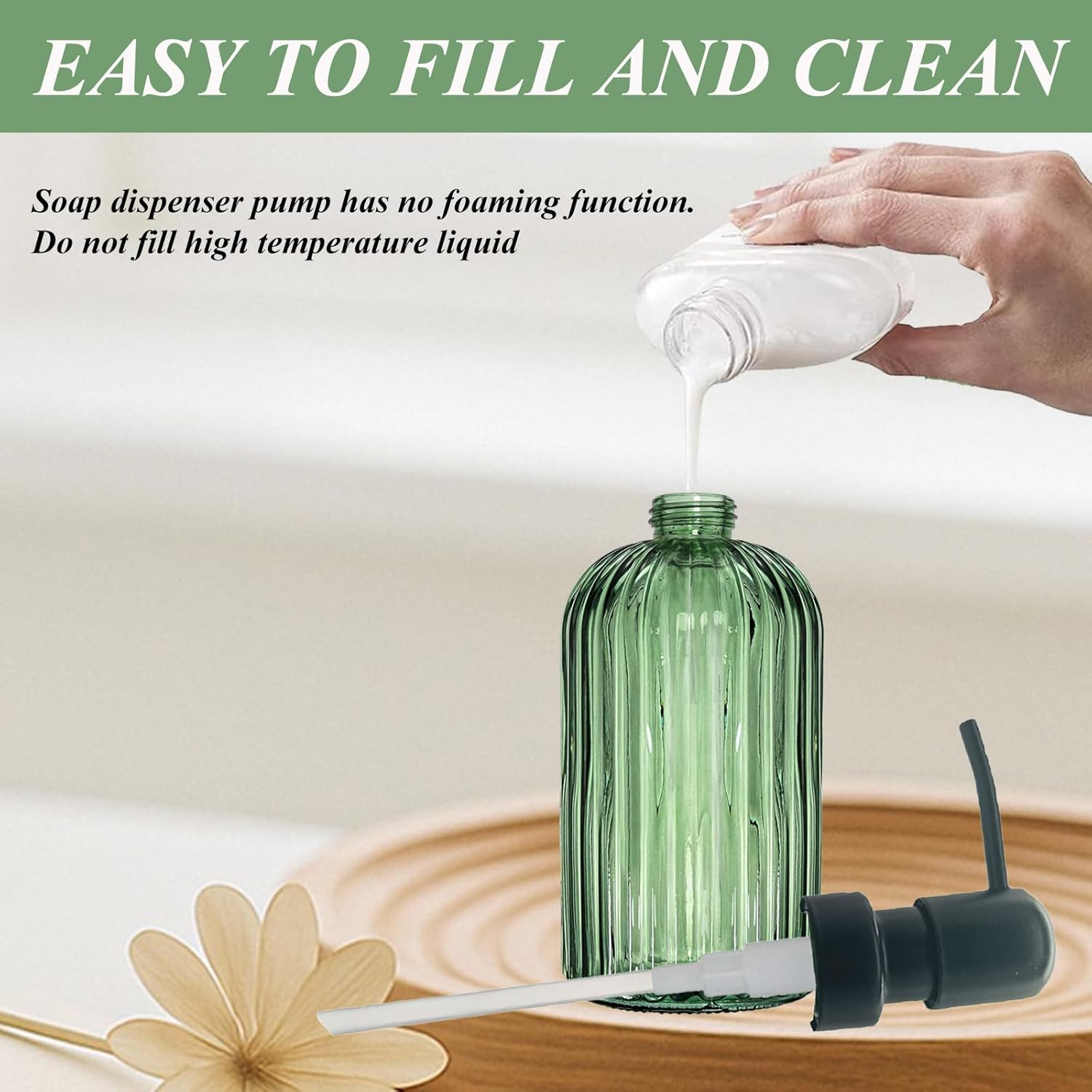 13.5Oz Green Glass Soap Dispenser Bathroom with Black Rust Proof Stainless Steel Pump, Clear Liquid Lotion Bottles Refillable Dish Dispensers with Vertical Stripe, Hand Dish Dispenser for Kitchen image number 3
