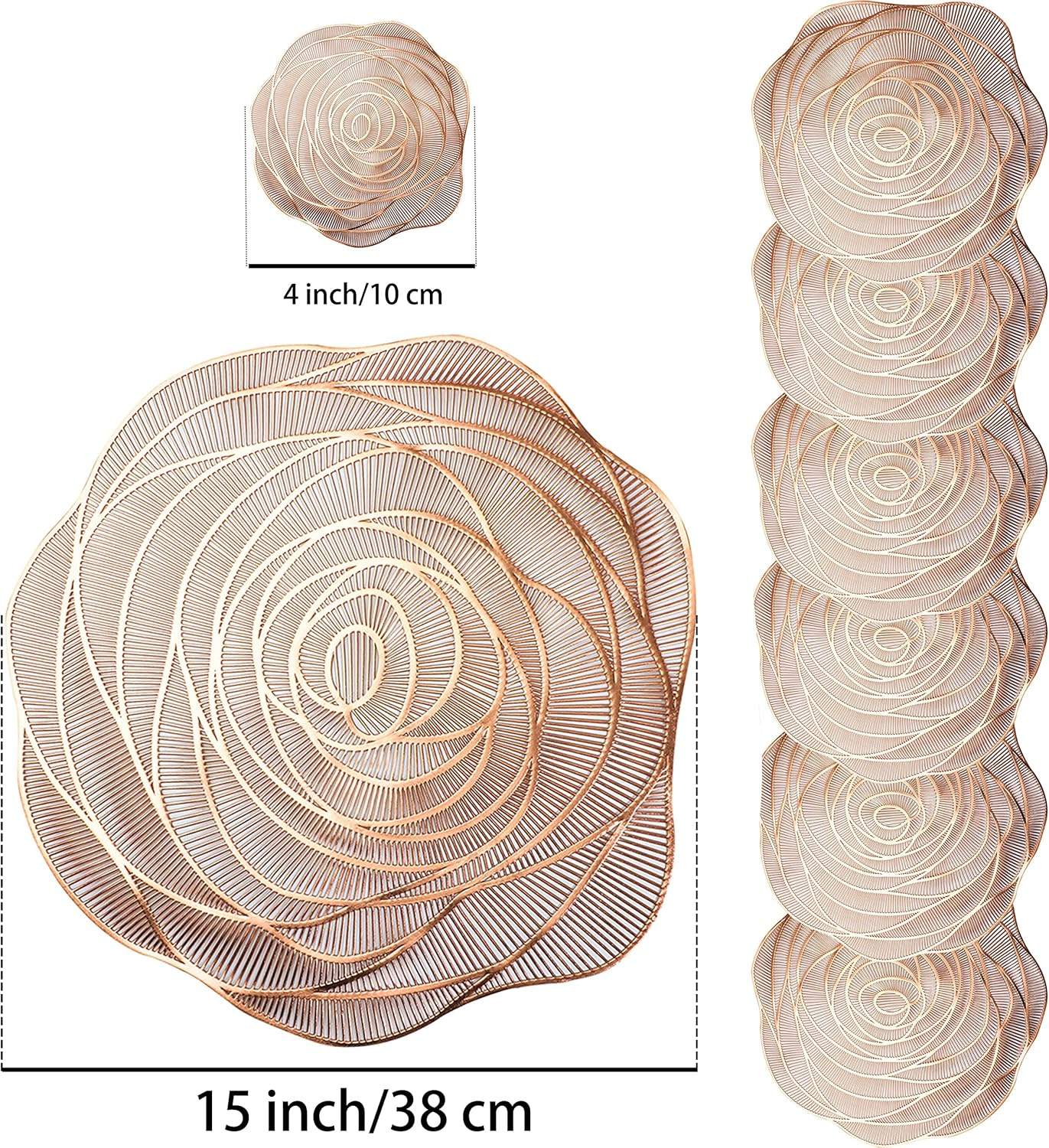 Snowkingdom Rose Gold Placemats and Coasters Set of 6 Pressed Metallic Vinyl round Place Mats Dining Table Mats Dinning Table Centerpiece image number 4