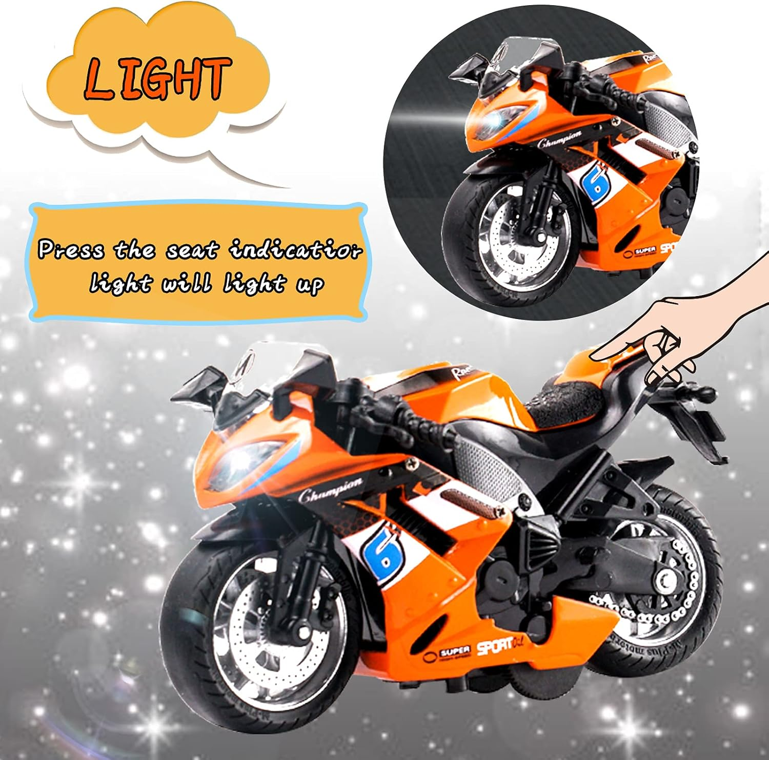Toy Motorcycles, Diecast Motorcycle Toy with Music Lighting,Toy Motorcycle for Kids 3-9,Toy Motorcycles for Boys (Orange) image number 3
