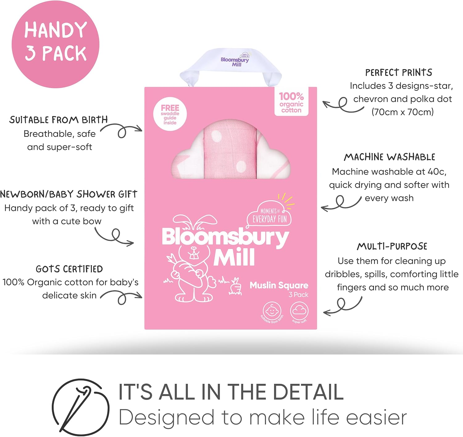 Bloomsbury Mill - Muslin Cloths for Baby - Soft 100% Organic Cotton Muslin Squares - Baby Muslins Pack of 3 - Large Burp Cloths - Newborn Essentials - Pink & White - 70X70Cm - Animal Print image number 5