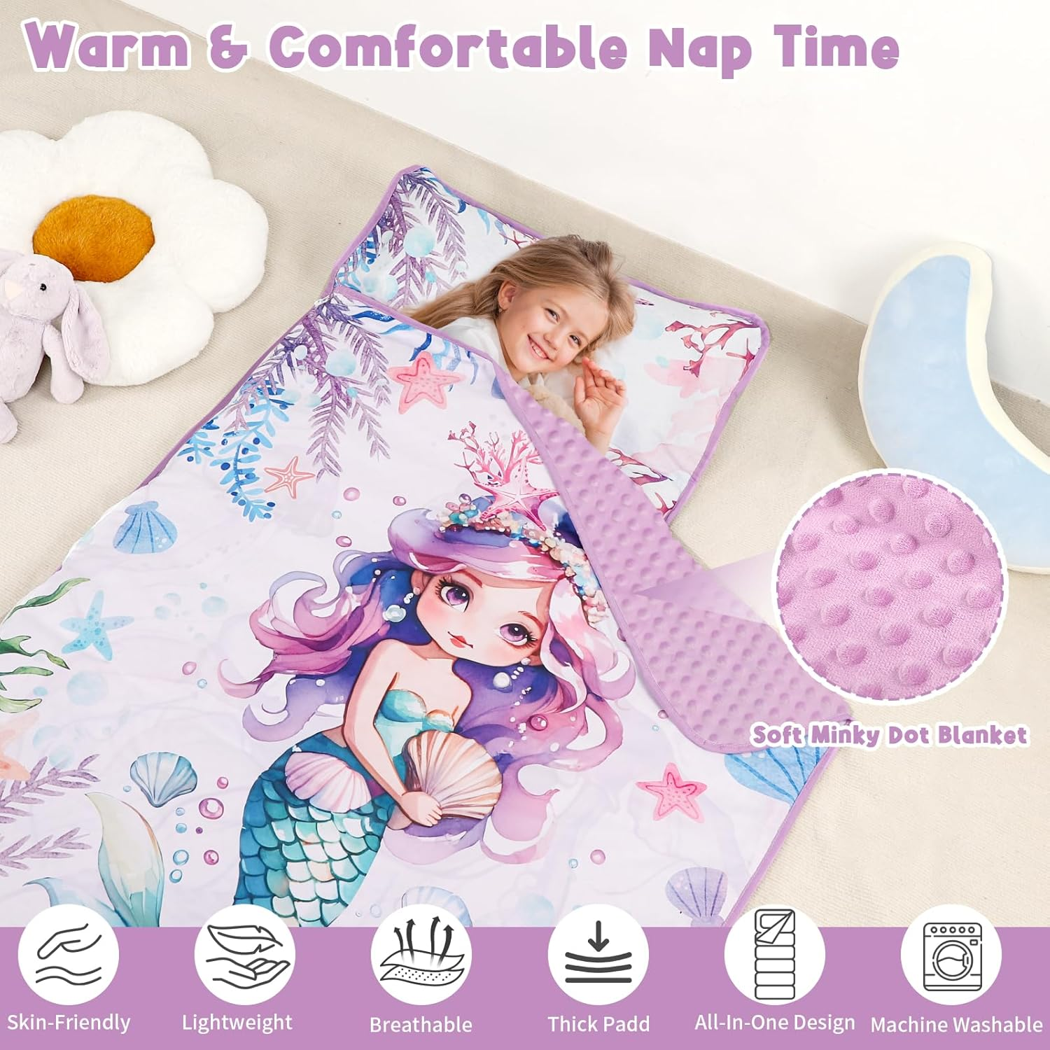 Toddler Nap Mat with Removable Pillow & Soft Minky Blanket, HNHUAMING Extra Large Rolled Napping Mats for Girls Boys, Kids Slumber Bags for Daycare, Preschool Travel Camping image number 2
