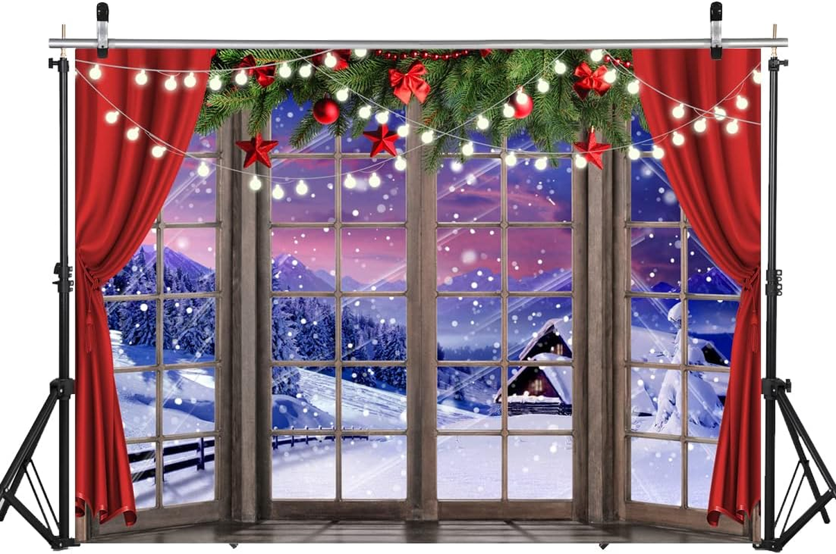 LYCGS 10X8FT Christmas Backdrop Xmas Window Photography Backdrop Winter Dream Wonderland Snow Tree Red Curtain Christma Photo Backdrop Studio Props Banner X-67 image number 1