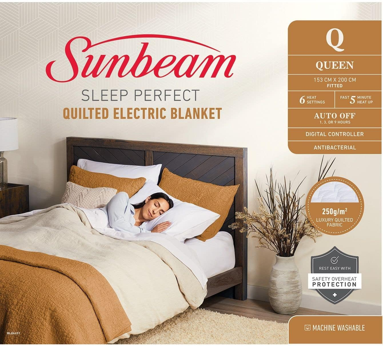 Sunbeam Sleep Perfect Quilted Electric Blanket Queen | Fully Fitted Quilted Cotton Top Layer, Antibacterial, Washable, Auto-Off Timer, Overheat Protection, Dual Controls BLQ6451 image number 6
