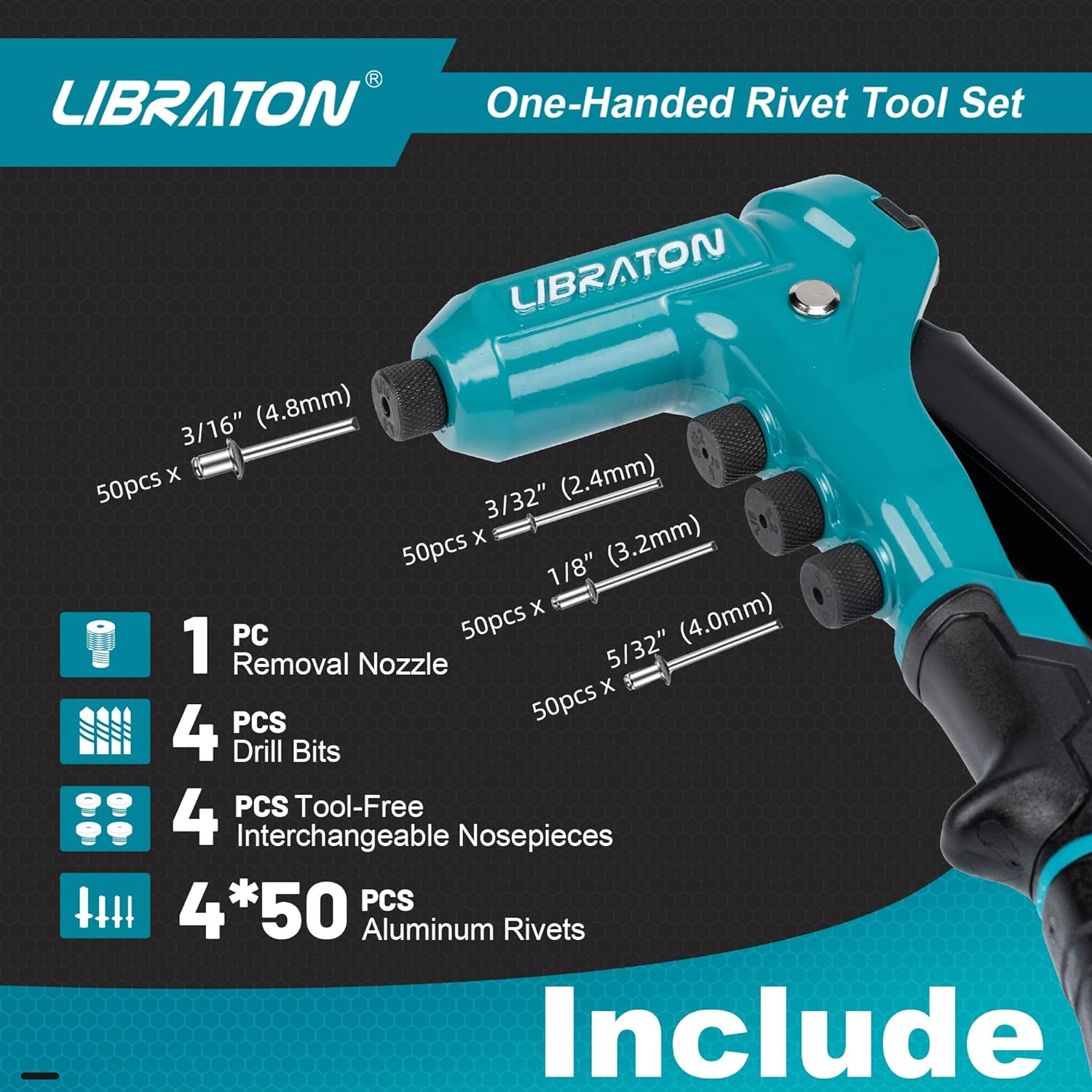 LIBRATON One-Handed Rivet Gun, Pop Rivet Gun Set, Professional Hand Riveter, Manual Riveting Tool with 200 Rivets for Metal, Includes 4 Drill Bits, 4 Tool-Free Interchangeable Heads, Storage Case image number 5