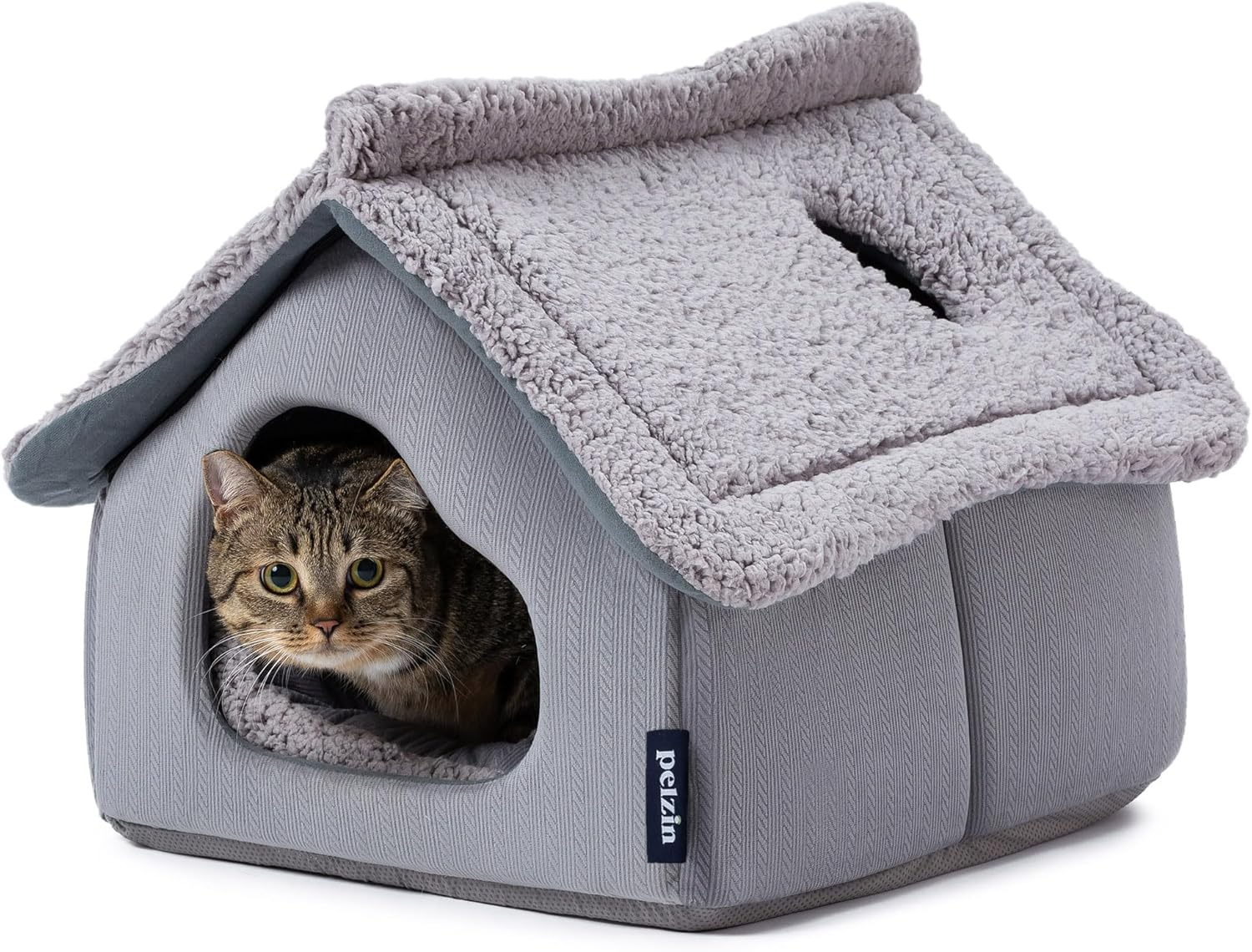 Pelzin Large Cat Houses for Indoor Cats - Cat Cave Bed with Removable Support Foam and Washable 2-Side Mat - Covered Cats Bed for Pet Hideaway - Enclosed Cat Hideout for Kitten and Small Pet