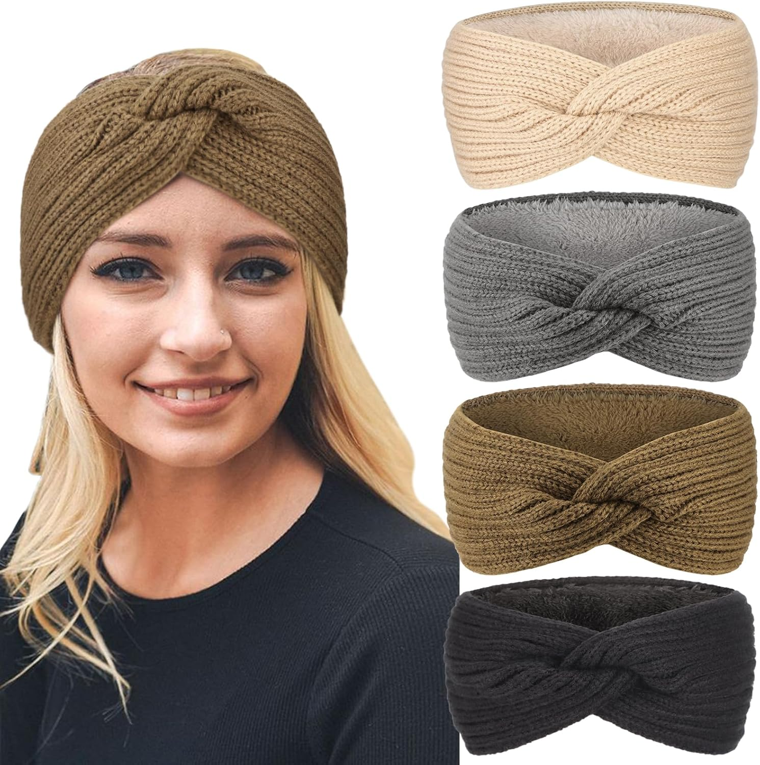 DRESHOW Women'S Warm Knitted Headband Winter Ear Warmers Crochet Head Wrap Thick Fleece Lining Hair Bands, 4Pcs Cross Style Set23M-A01Uk, 1 St&uuml;ck (4Er Pack) image number 2