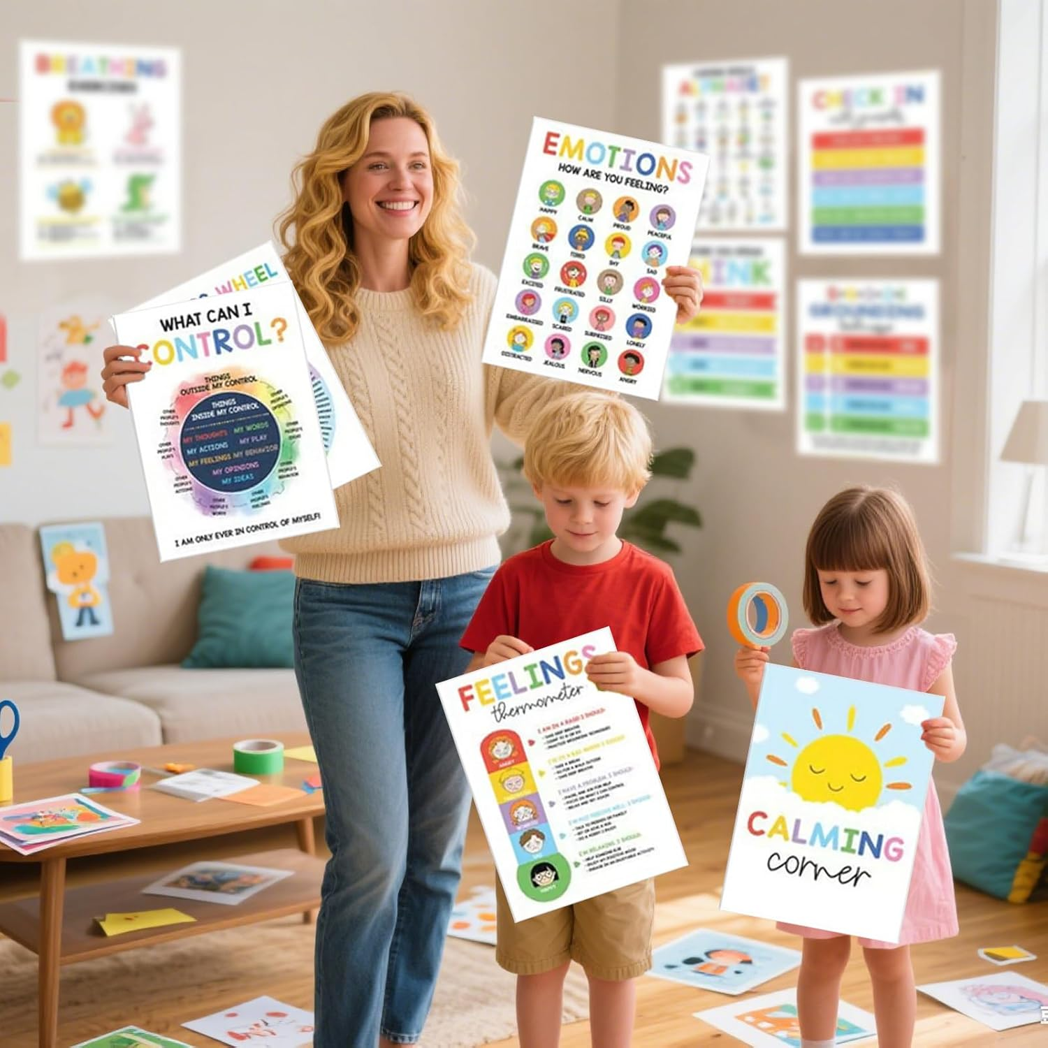 Calming Corner Posters, 12 Pieces Kids Feelings Wheel Chart Emotions Poster, Mental Health Visual Charts, Emotions and Mindfulness Wall Art, Sensory Wall Art for Preschool Home image number 2