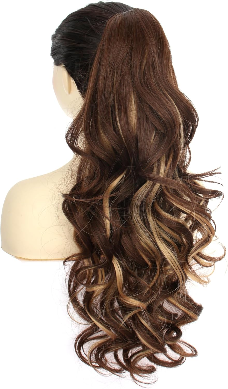 PORSMEER Ponytail Hairpiece with Clip, Claw Clip in Hair Extensions, 66 Cm Long Voluminous Wavy Ponytail Extension Hairpiece Braid Brown with Golden Highlights Colour for Women - Black/Brown image number 4