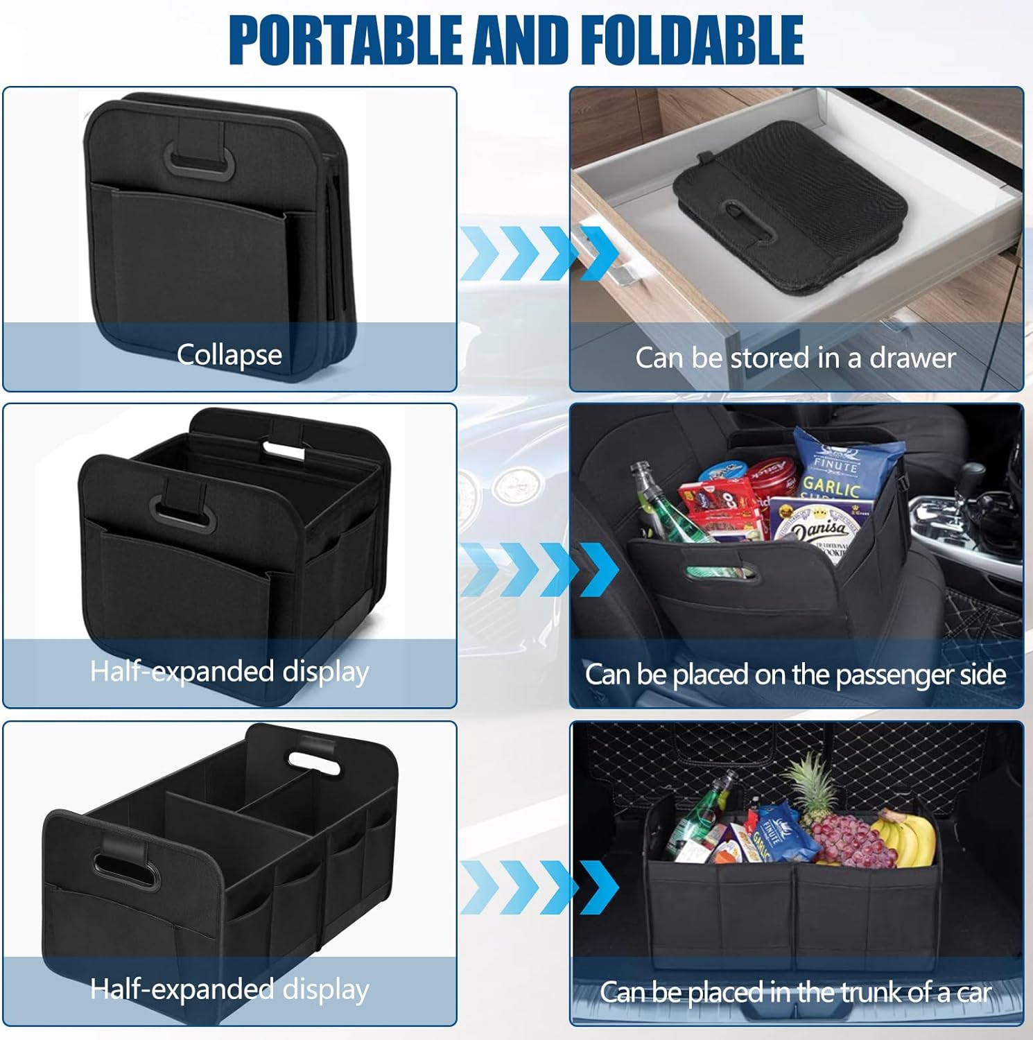 Car Trunk Organizer, Vehicle Boot Storage Bag, Super Capacity Seatback Collapsible Adjustable Compartment Reinforced Handles Trunk Tidy Cargo Organiser 600D for Sedan SUV RV ORV