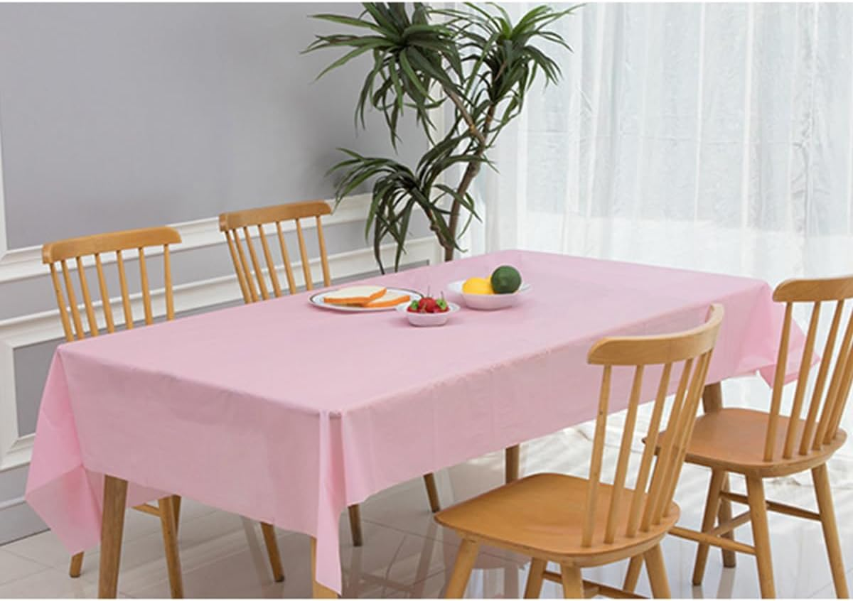 Aoozleny Premium Disposable Plastic Tablecloth (54 X 72 Inches), Decorative Rectangle White Table Cover for Wedding, Party, Banquet [5 Pack] (Pink) - White image number 3
