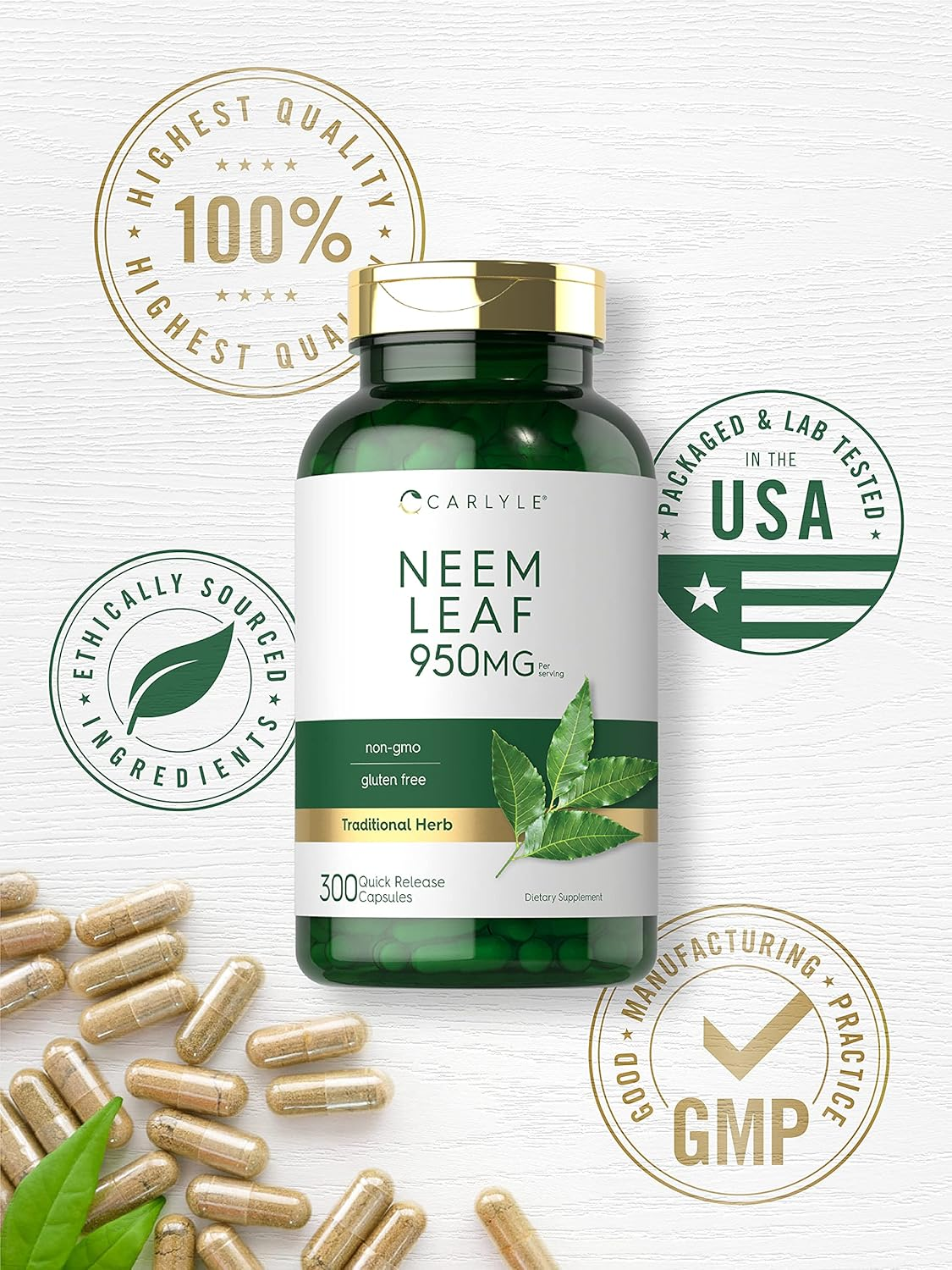 Neem Leaf | 950Mg | 300 Powder Capsules | Non-Gmo and Gluten Free Formula | Value Size | Traditional Herbal Supplement | Azadirachta Indica | by Carlyle image number 6