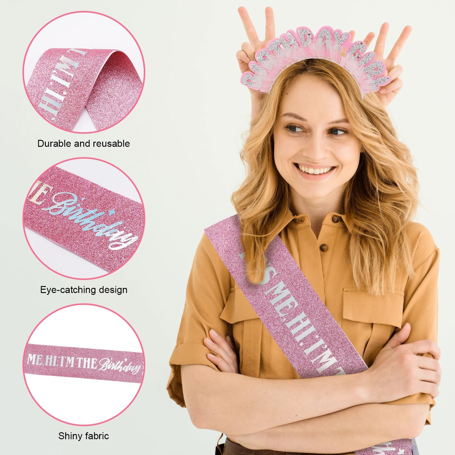 Birthday Sash and Headband, Pink It'S Me Hi I'M the Birthday Girl Sash with Glitter Headband Sequins Hair Accessories for Women Girls Happy Birthday Party Decoration Gift Supplies image number 6